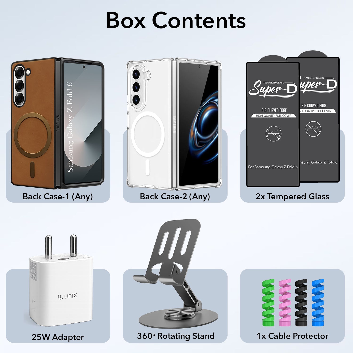 Complete Mobile Care Kit (Get Any 2 Cases+2 Tempered Glass+25W Charger Adapter+Metallic Mobile Stand+Cable Protector)