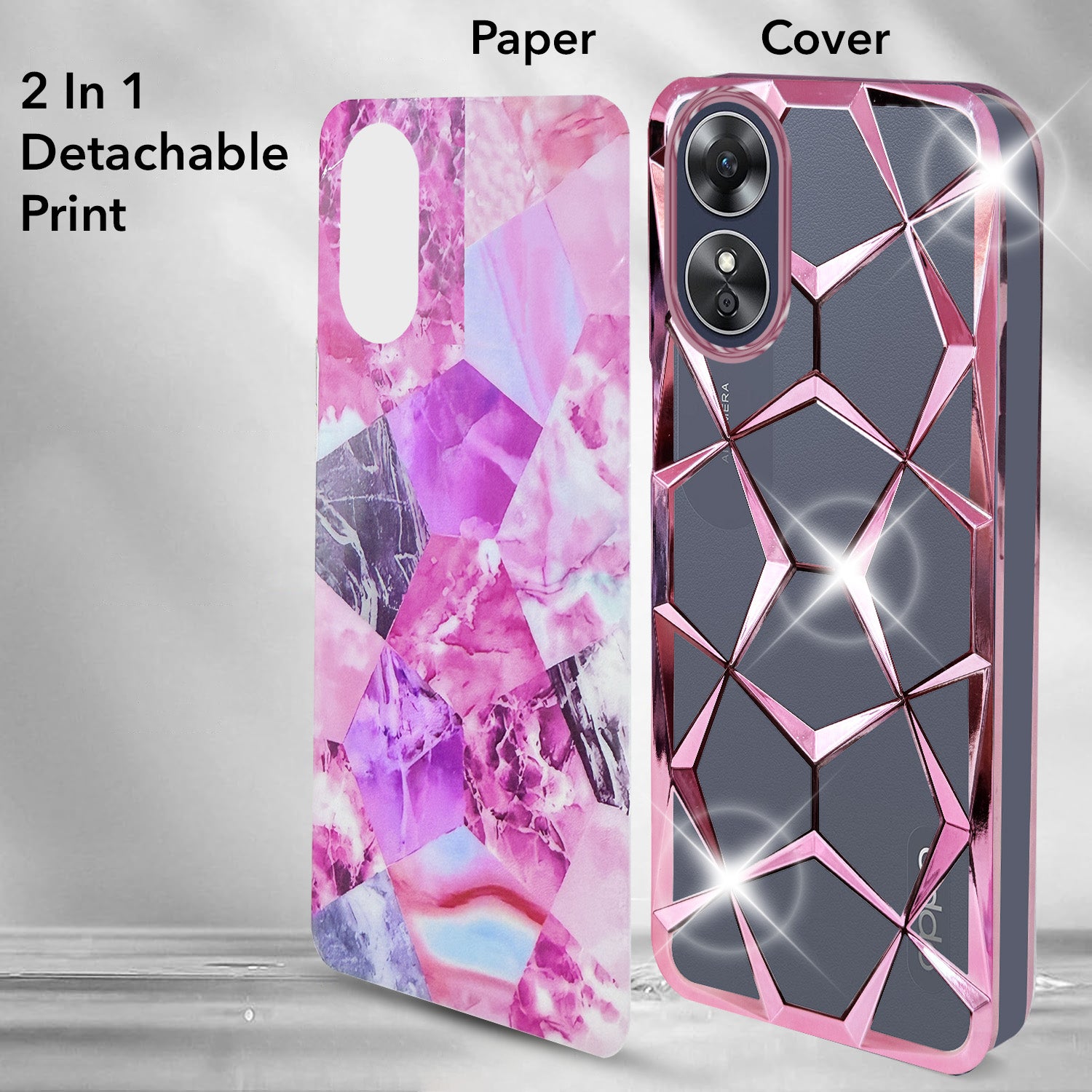 For Oppo A17 Back Cover Case Compatible 3D Silicone (Dual Design Glitter Sparkle and Detachable Diamond Print Case | Soft and Flexible)