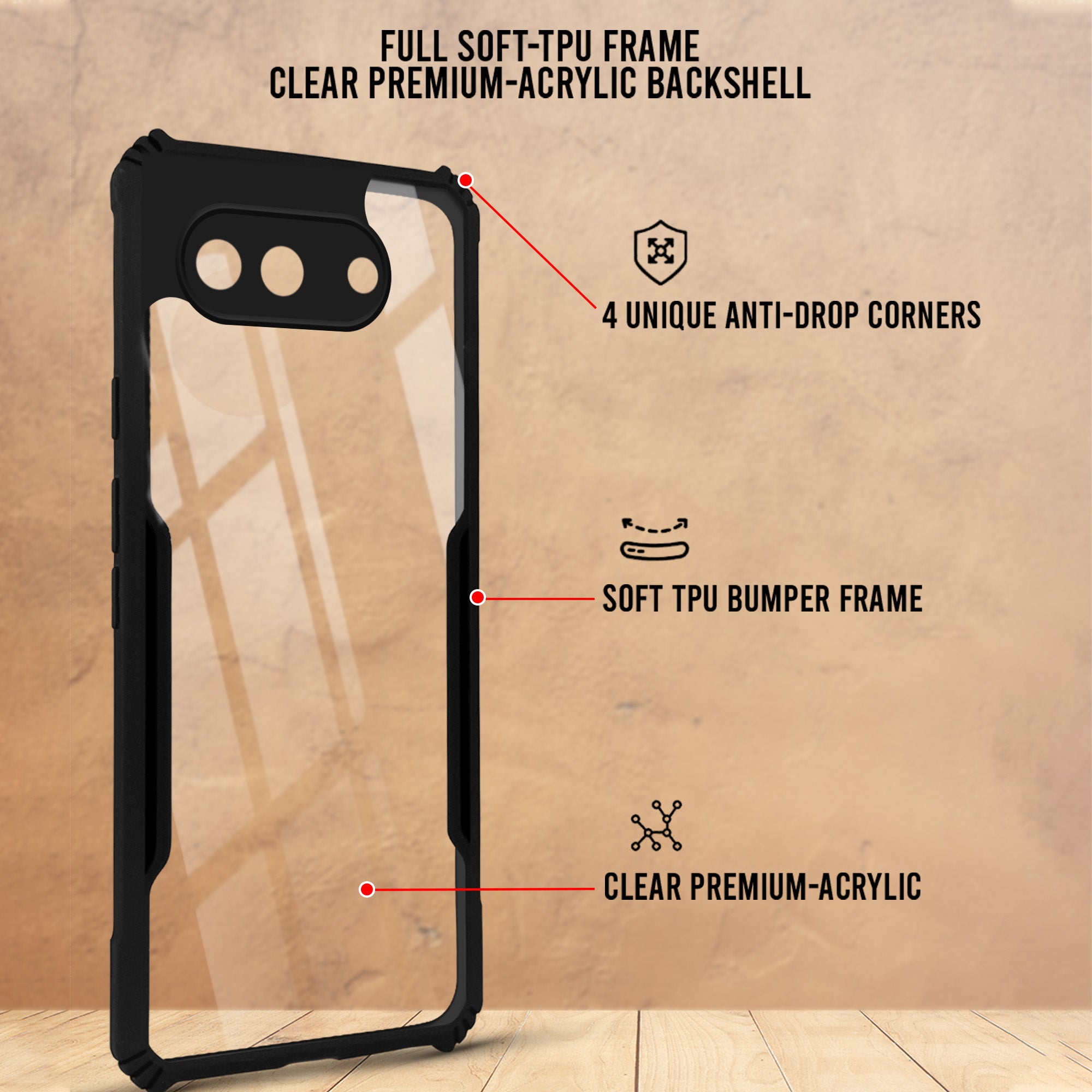 For Google Pixel 10a Back Cover Case Hybrid (Shockproof with Polycarbonate Clear Panel | Professional Black)