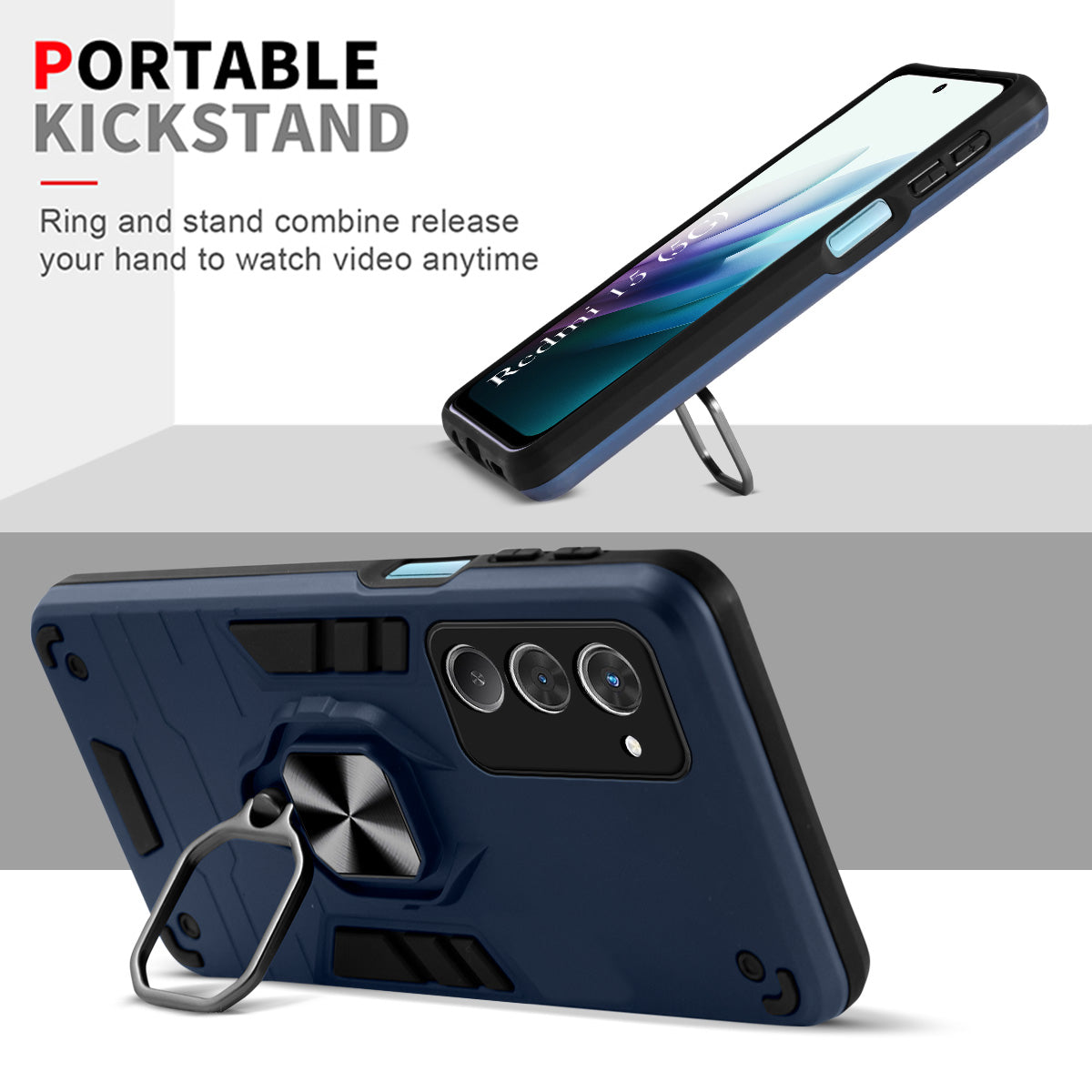 For Redmi 15 Back Cover Case (Shockproof Dual Layer Polycarbonate |Ring Holder Kickstand)