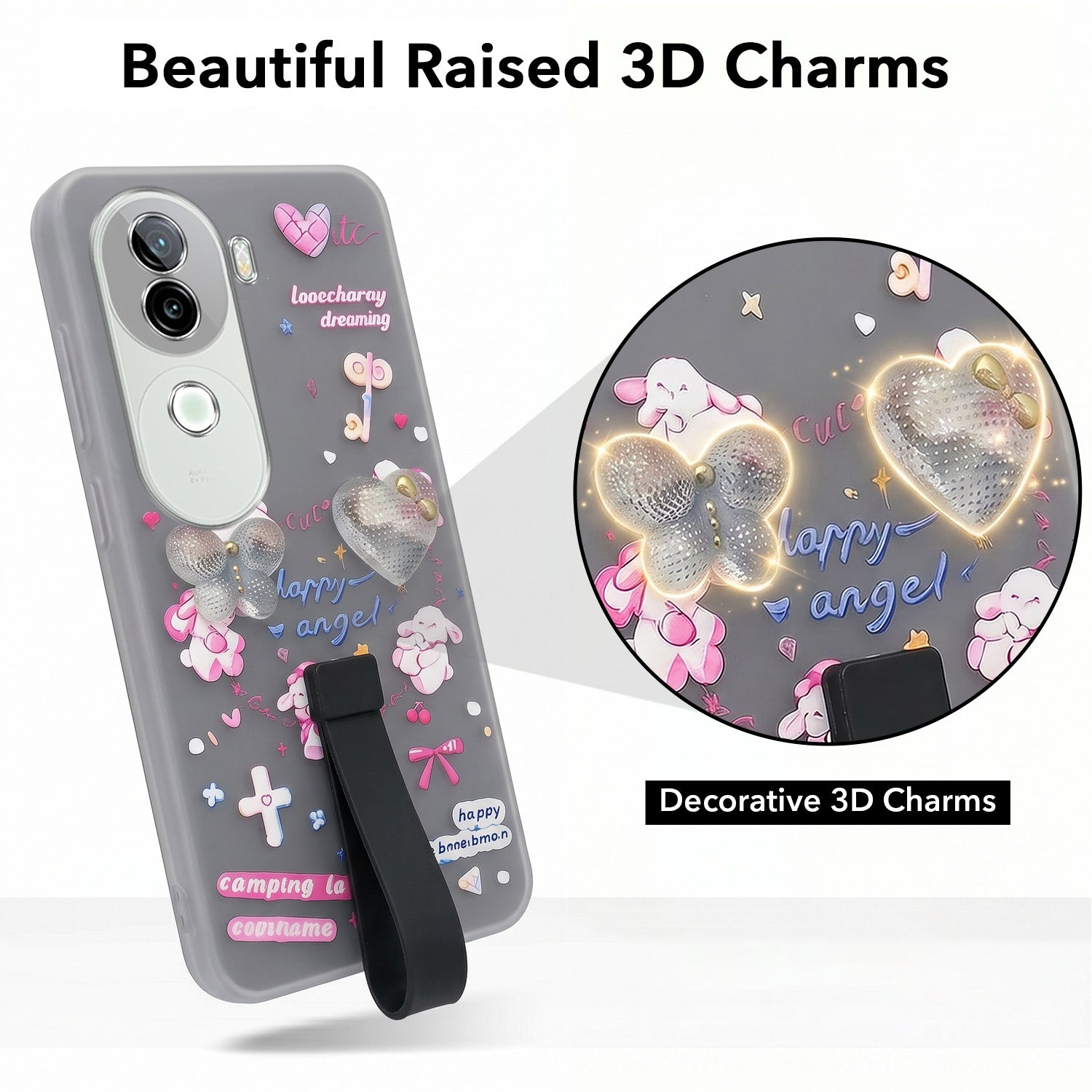 For Vivo iQOO Z9s Back Cover Case (3D Cute Heart Strap Holder | Camera Protection | Designer Girls Print)