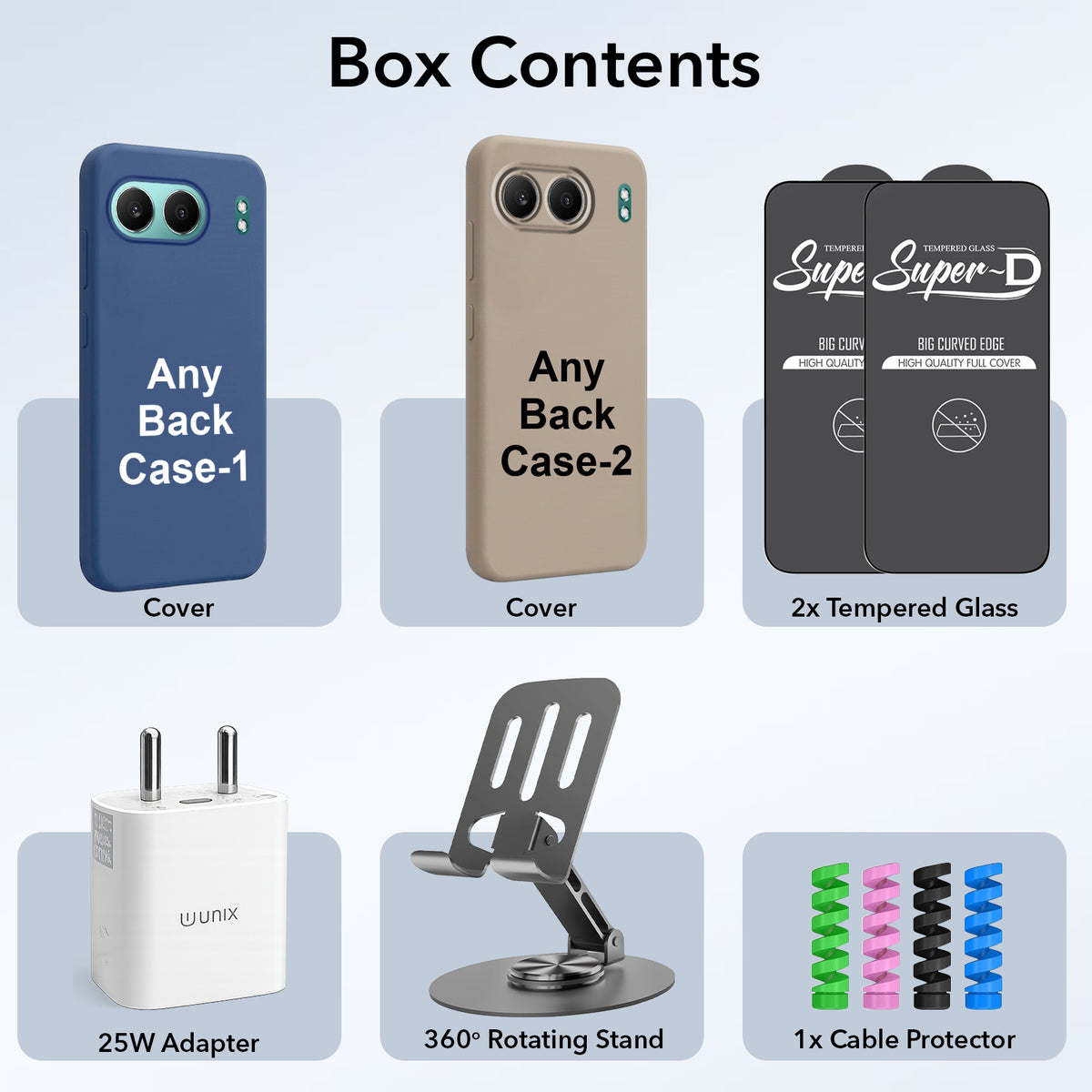 Complete Mobile Care Kit (Get Any 2 Cases+2 Tempered Glass+25W Charger Adapter+Metallic Mobile Stand+Cable Protector)