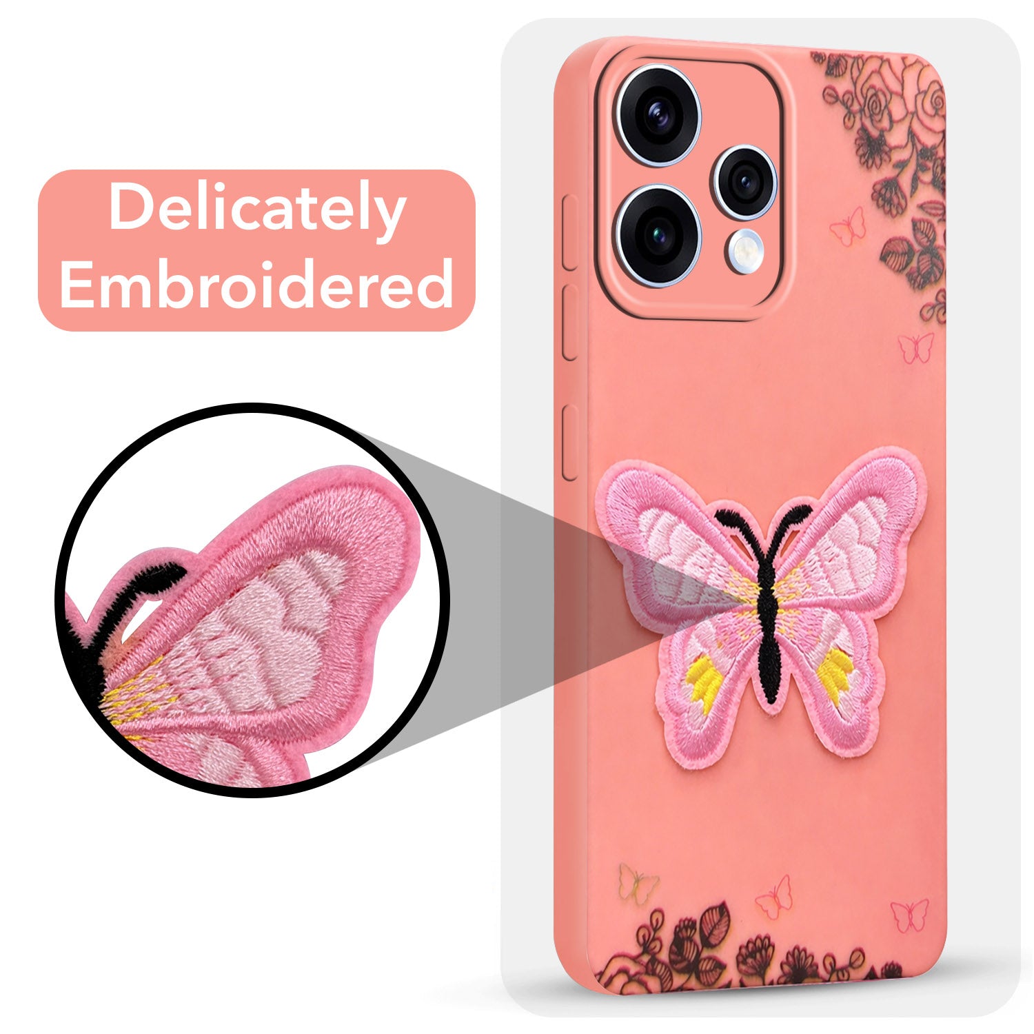 For Oppo Reno15 5G | Oppo Reno 15 5G Back Cover Case (Soft Butterfly Embroidery | Women Teen Girls | Camera Protection| Matte Silicone)