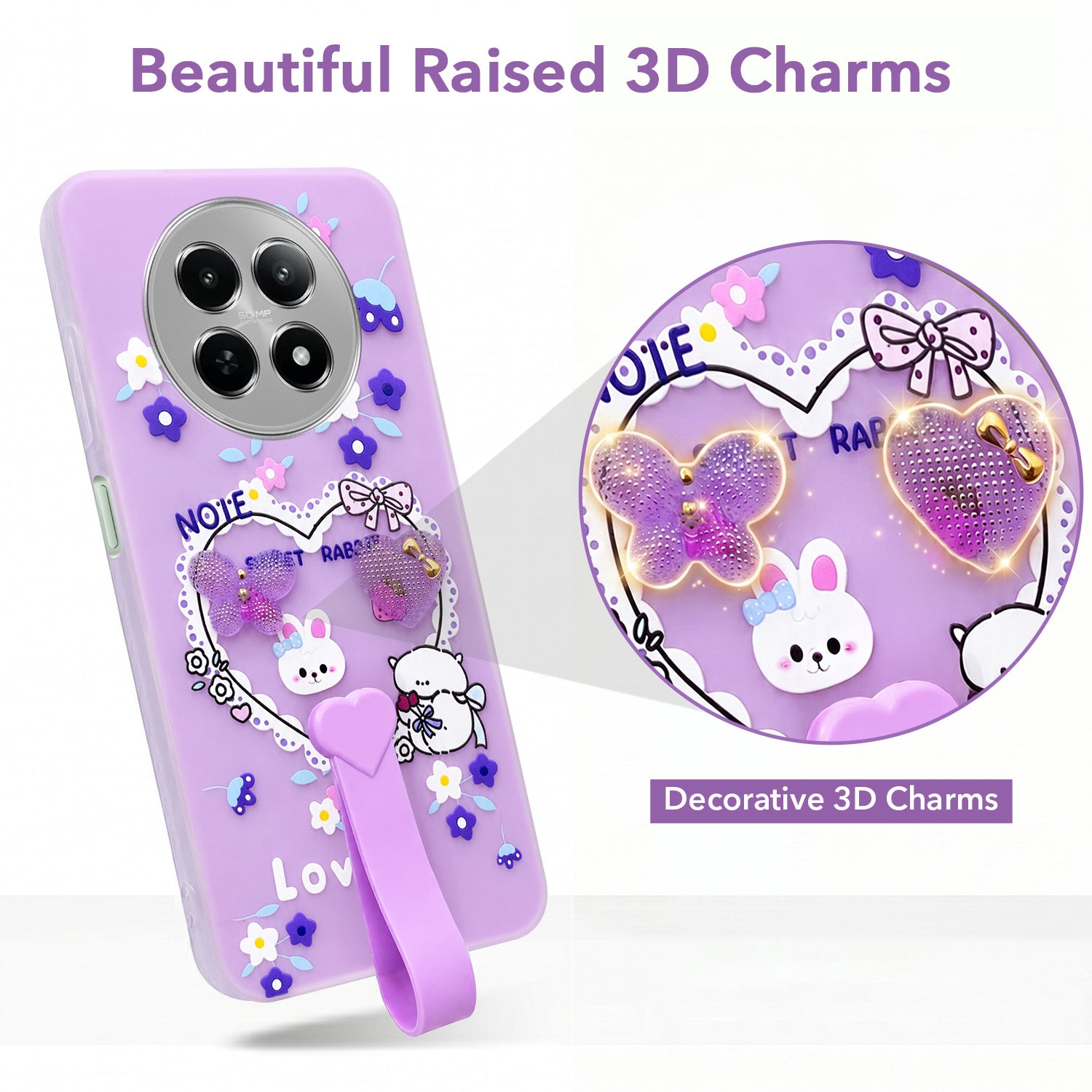 For Realme C65 5G Back Cover Case (3D Cute Heart Strap Holder | Camera Protection | Designer Girls Print)