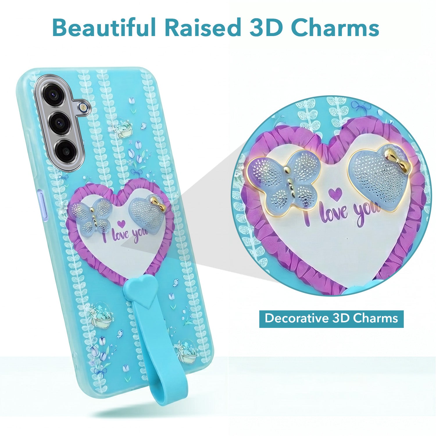 For Samsung Galaxy A17 | Samsung F17 | Samsung M17 5G Back Cover Case (3D Cute Heart Strap Holder | Camera Protection | Designer Girls Print)