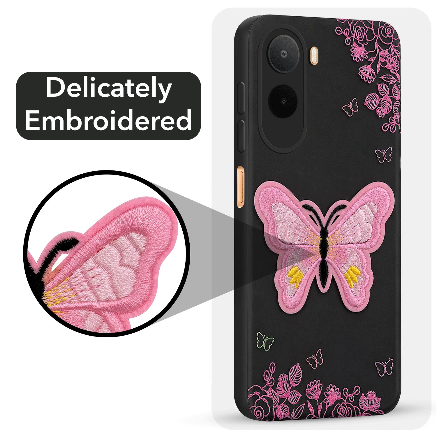 For Redmi A7 Pro 5G Back Cover Case (Soft Butterfly Embroidery | Women Teen Girls | Camera Protection| Matte Silicone)
