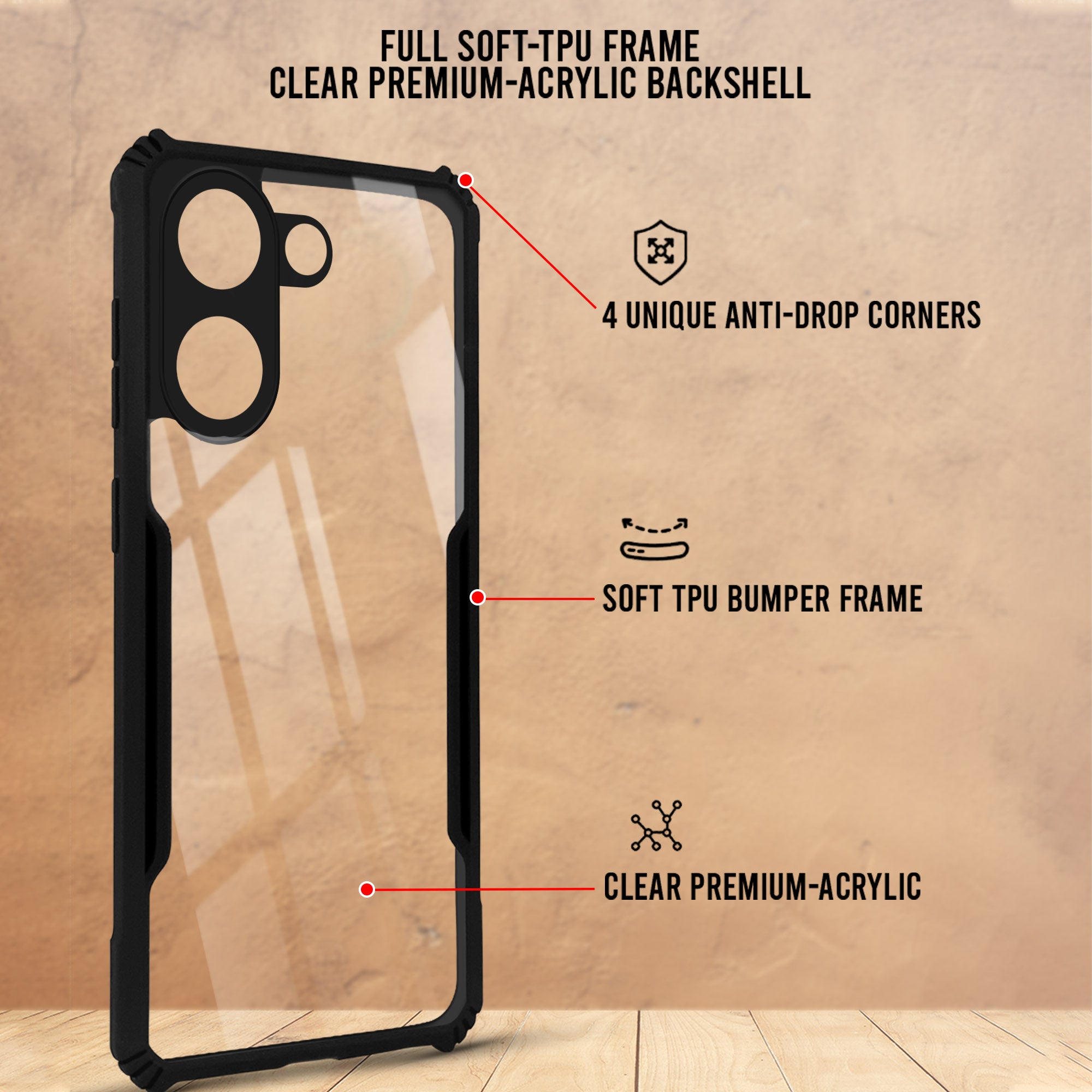For Vivo V60e Back Cover Case Hybrid (Shockproof with Polycarbonate Clear Panel | Professional Black)