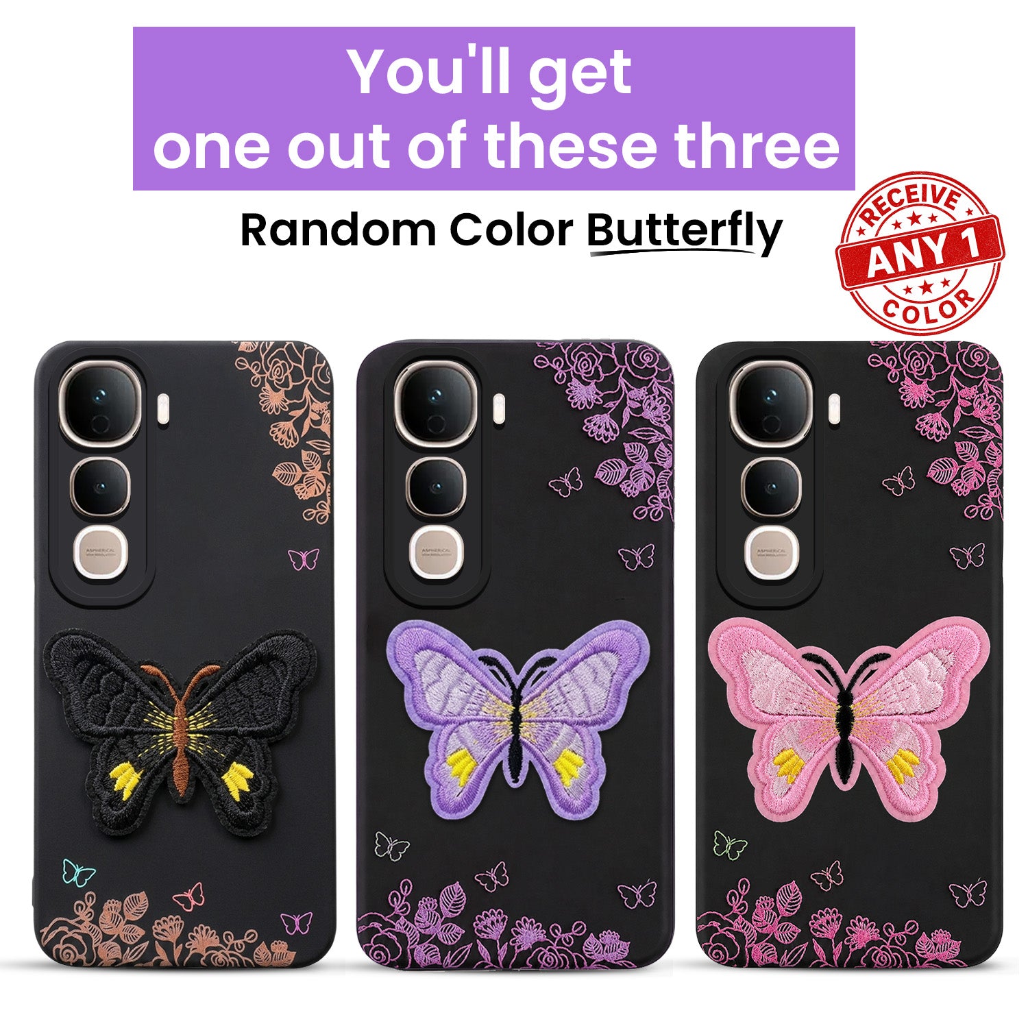 For Vivo Y400 Pro Back Cover Case (Soft Butterfly Embroidery | Women Teen Girls | Camera Protection| Matte Silicone)