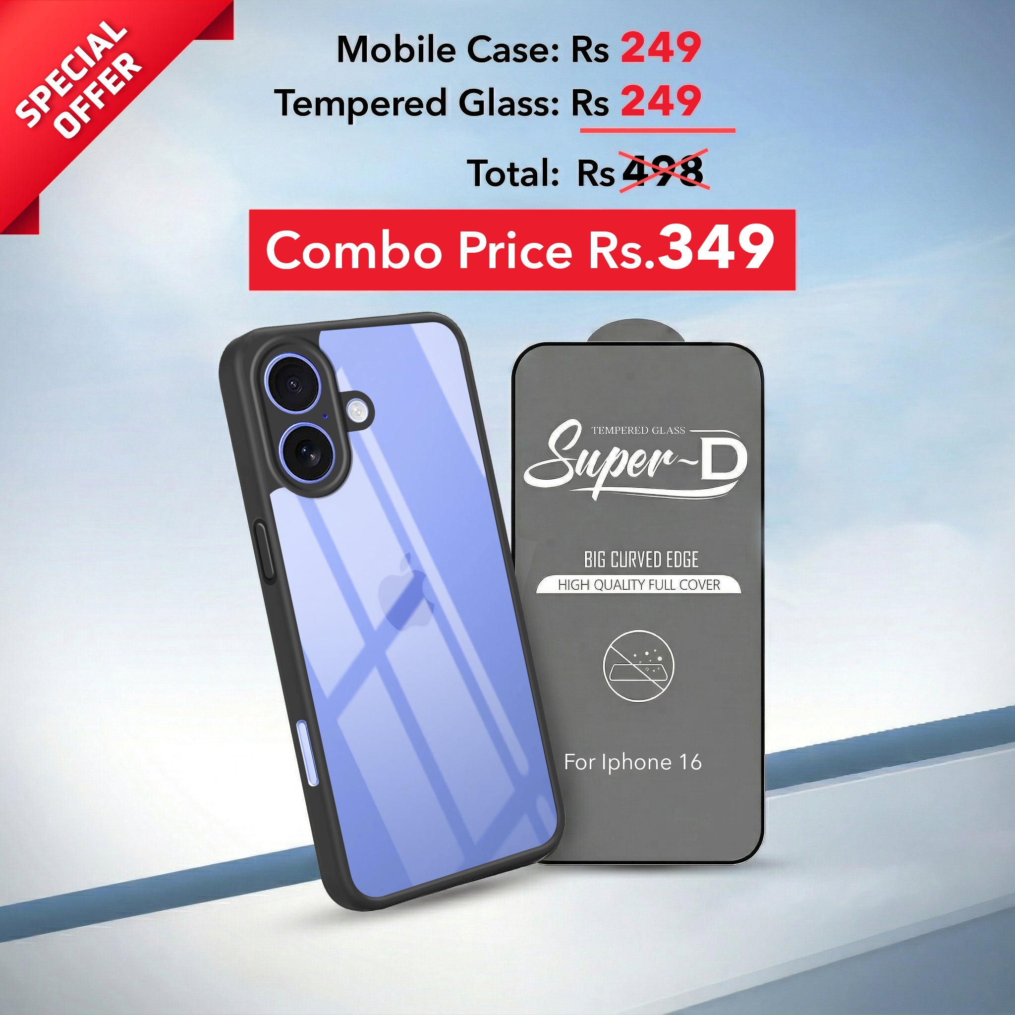 For Apple iPhone 16 Combo with Back Cover and 9H Tempered Glass (Lifetime Anti-Yellow | Crystal Clear Shockproof | Oleophobic Coating Screen Glass)