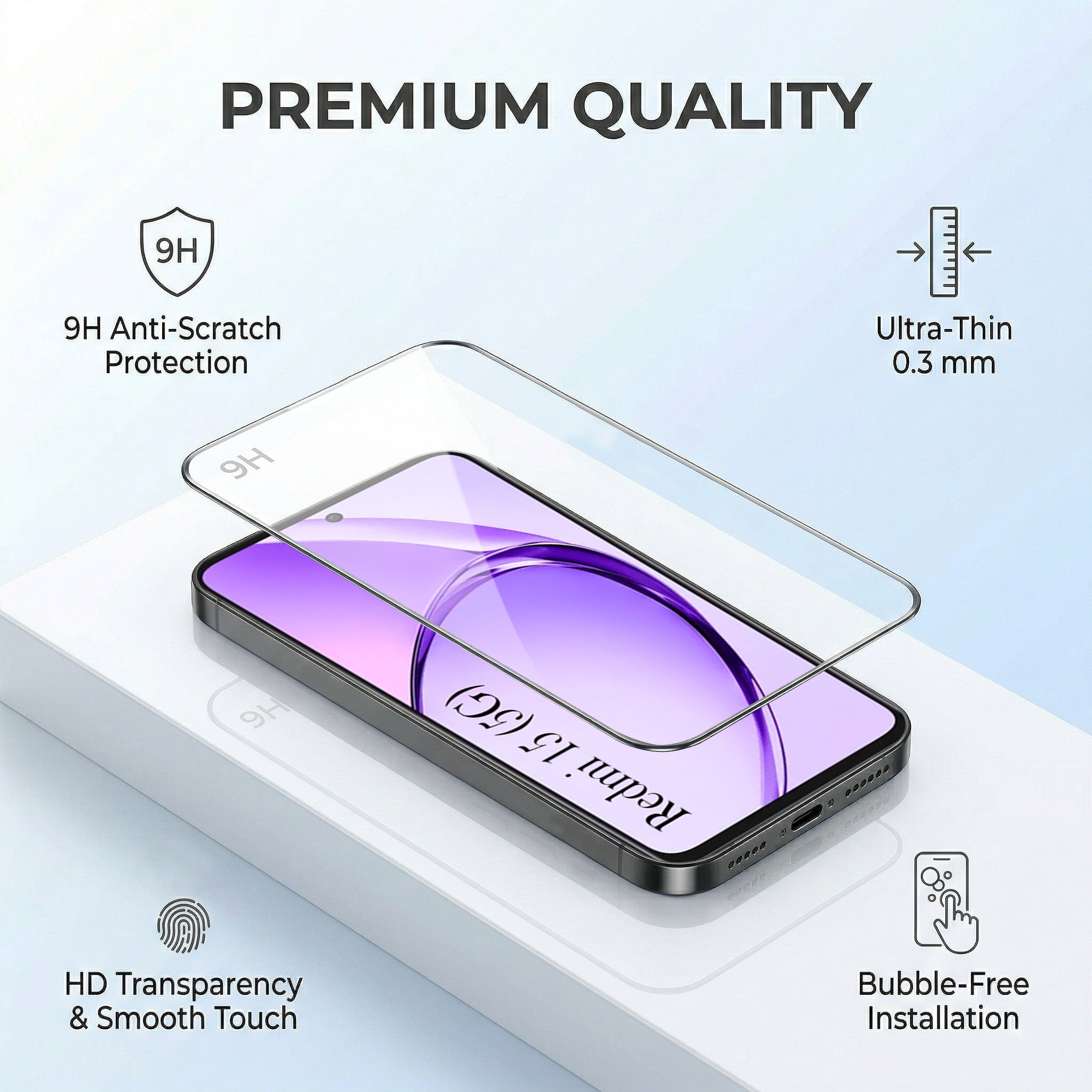 For Redmi 15 Combo with Back Cover and 9H Tempered Glass (Lifetime Anti-Yellow | Sleek Hard Crystal | Oleophobic Coating Screen Glass)