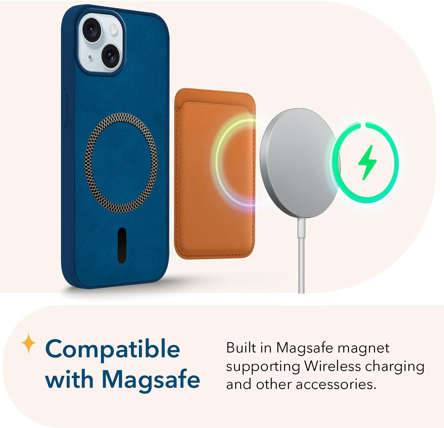 For Apple iPhone 15 Back Cover Case Leather Finish (MagSafe Compatible Wireless Charging | Soft Touch | Camera Bump Protection)