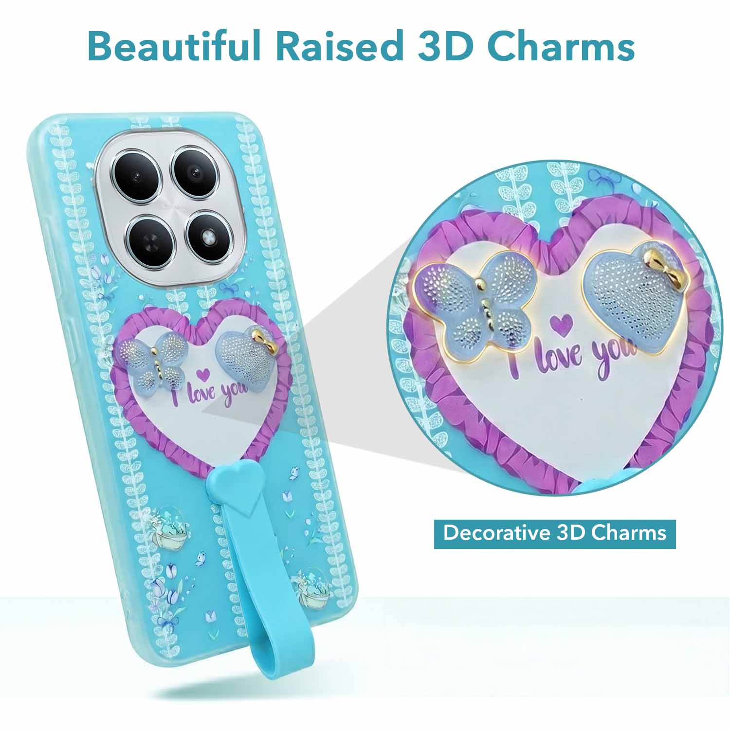 For Poco M8 5G Back Cover Case (3D Cute Heart Strap Holder | Camera Protection | Designer Girls Print)