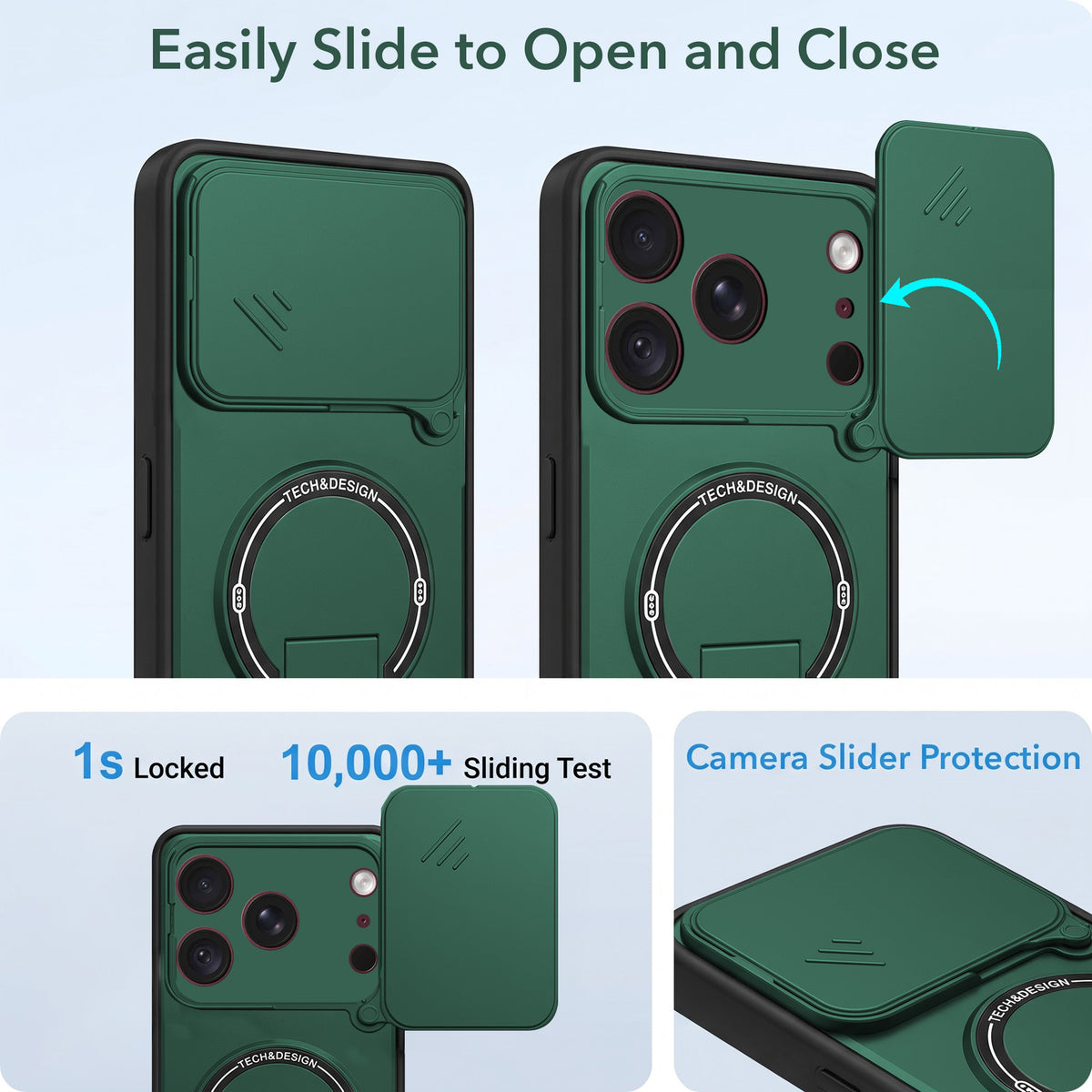 For Apple iPhone 18 Pro Back Case Cover Metallic (Hybrid Armor Kickstand | Sliding Shutter Camera Protection | MagSafe Compatible)