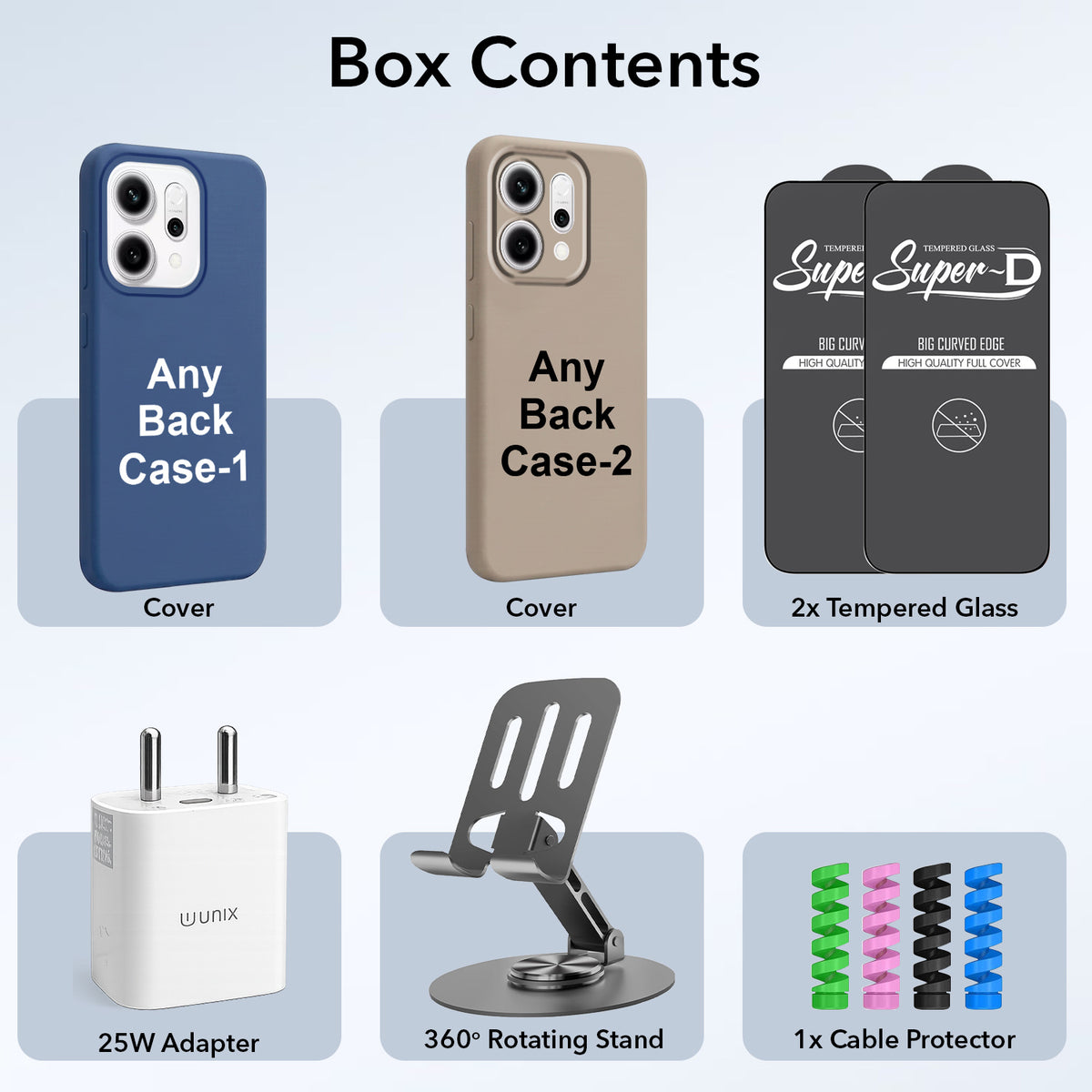 Complete Mobile Care Kit (Get Any 2 Cases+2 Tempered Glass+25W Charger Adapter+Metallic Mobile Stand+Cable Protector)