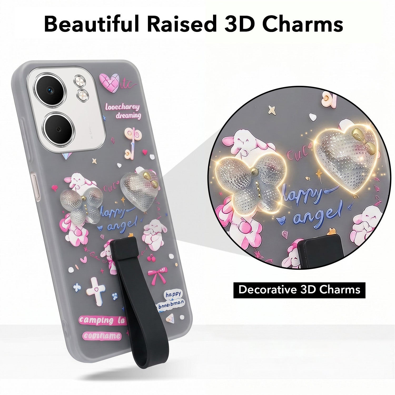 For Oppo A5X Back Cover Case (3D Cute Heart Strap Holder | Camera Protection | Designer Girls Print)
