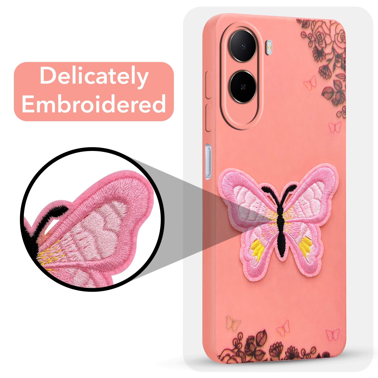 For Poco C85x 5G Back Cover Case (Soft Butterfly Embroidery | Women Teen Girls | Camera Protection| Matte Silicone)