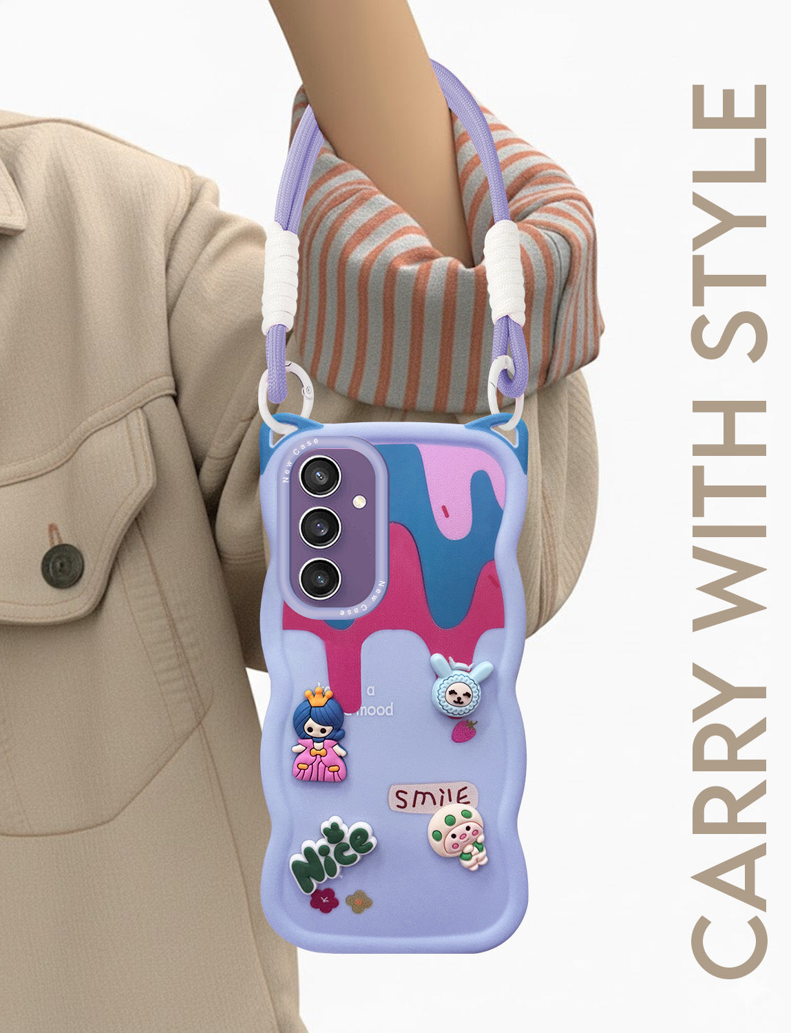 For Samsung Galaxy S23 FE 5G Back Case Cover Strap (3D embossed Figures | Strap Holder | 360* Soft Cushion with Camera Bump)