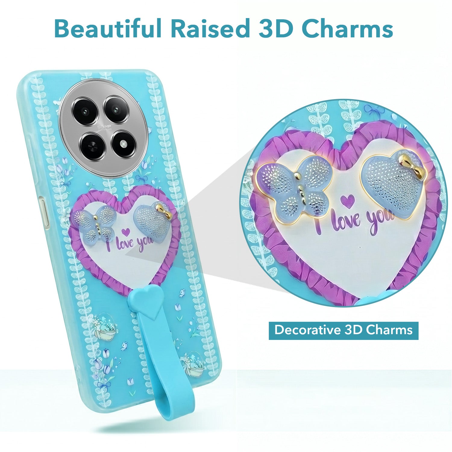 For Realme Narzo 70x 5G Back Cover Case (3D Cute Heart Strap Holder | Camera Protection | Designer Girls Print)