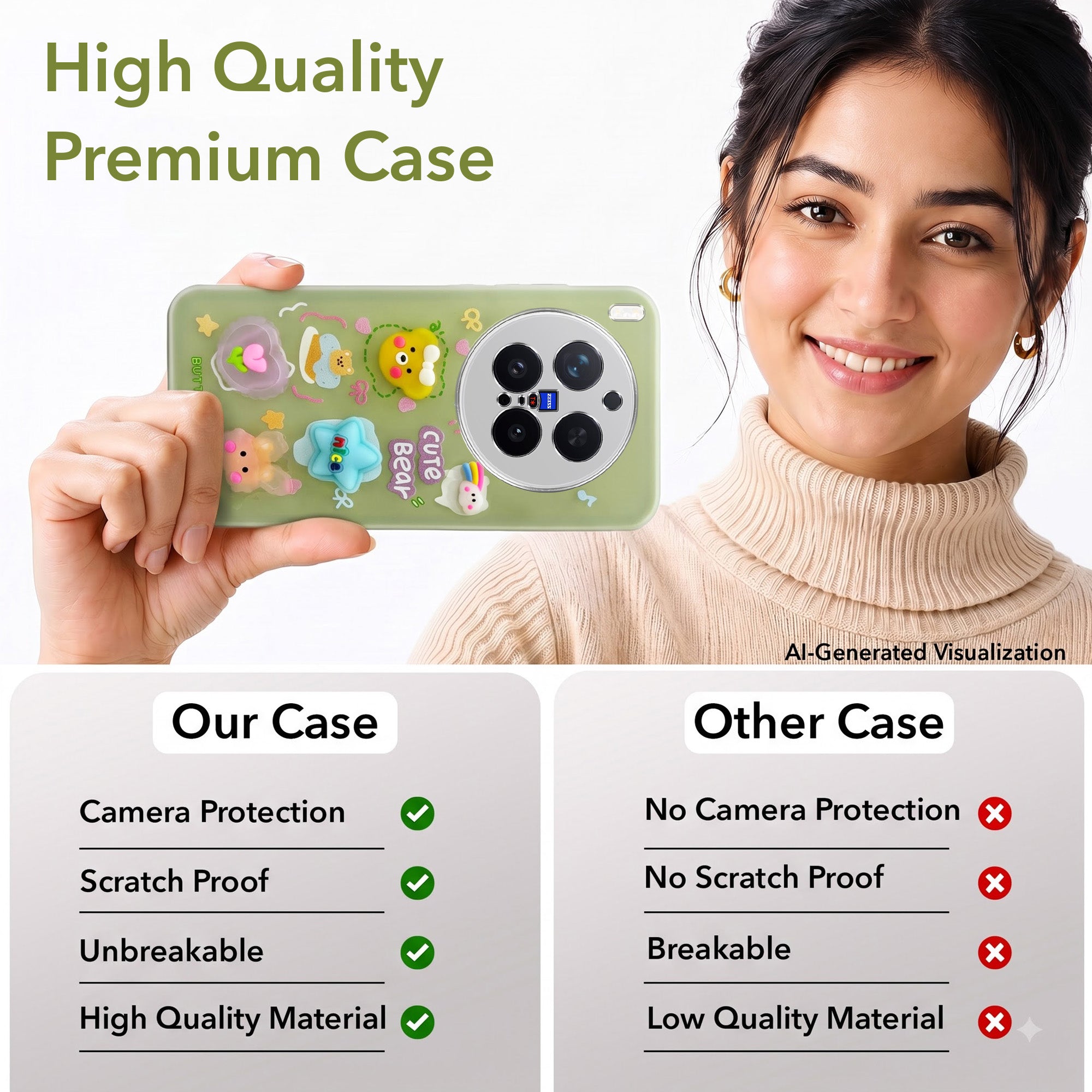 For Vivo X300 Pro Back Cover Case (3D Cute Cartoons | Hard Back Side Soft | Matte Premium Finish | HD Printing)