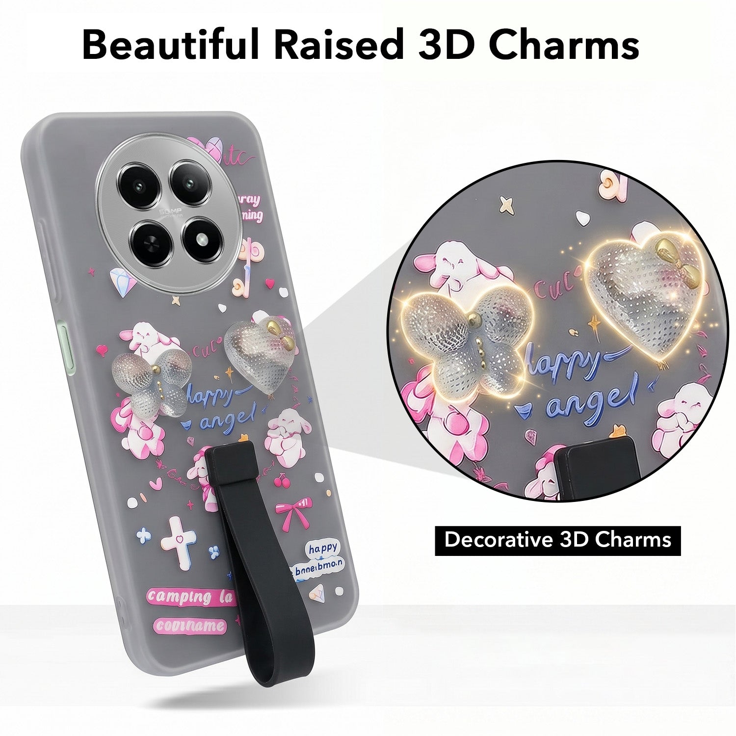 For Realme 12 | Realme 12X Back Cover Case (3D Cute Heart Strap Holder | Camera Protection | Designer Girls Print)
