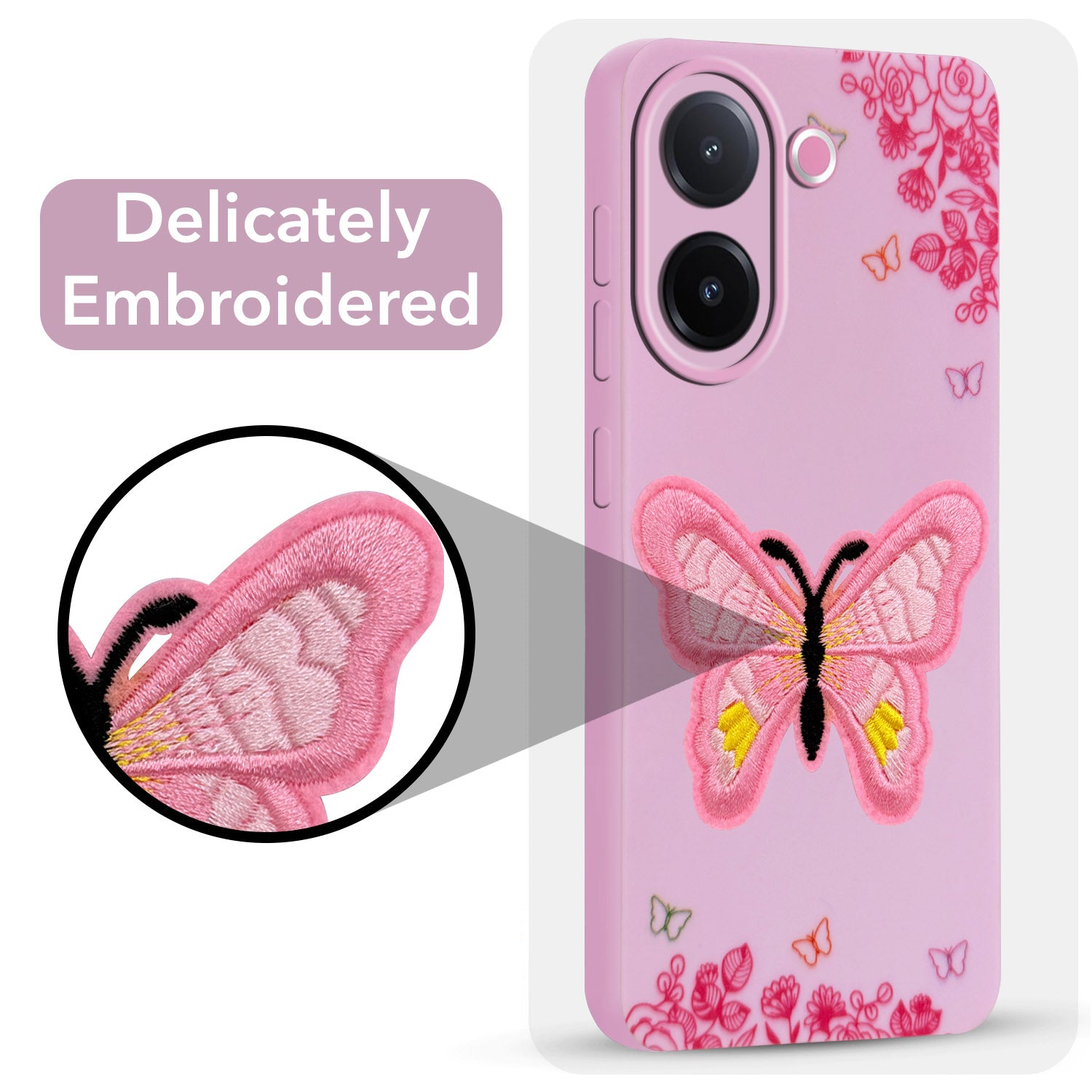 For Vivo V60e Back Cover Case (SoFt Butter Fly Embroidery | Women Teen Girls | Camera Protection| Matte Silicone)
