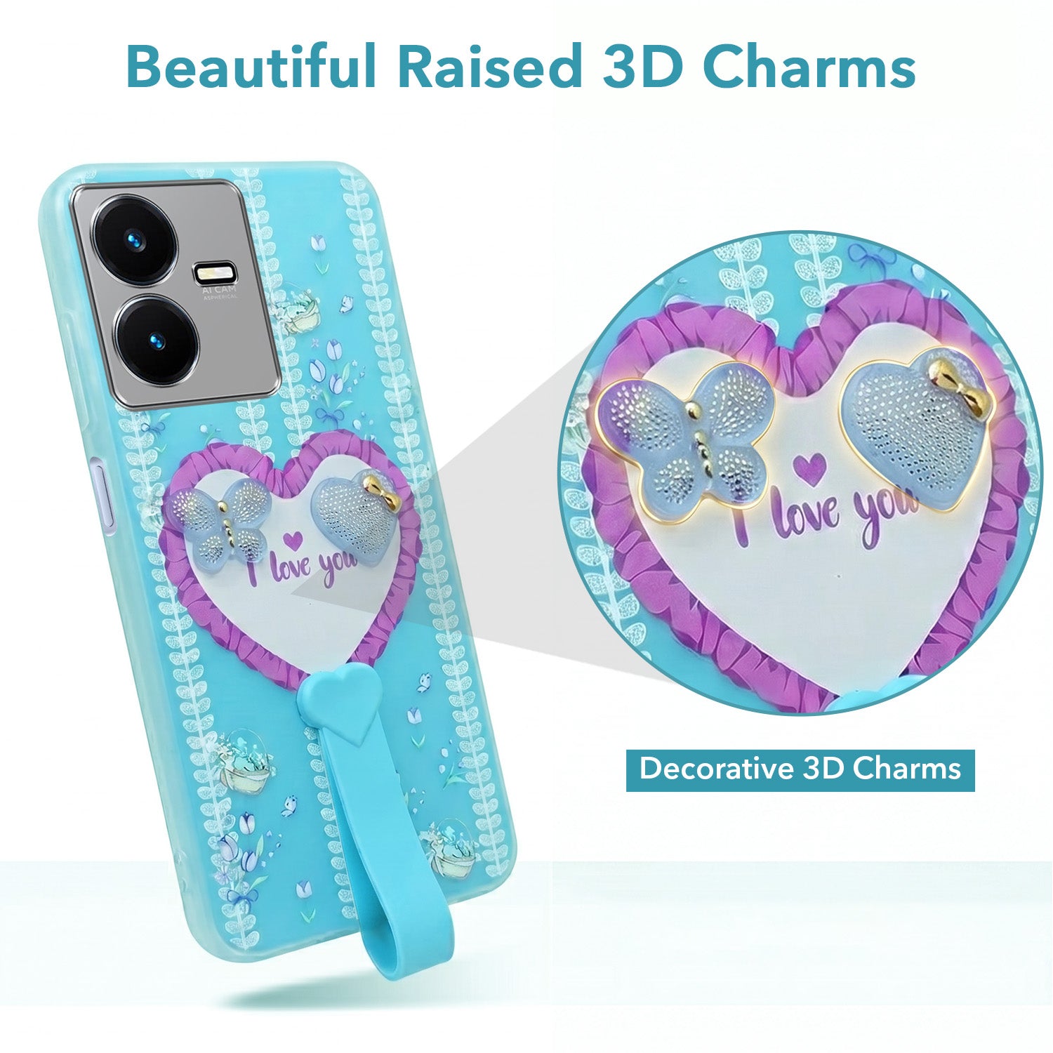 For Vivo Y22 | Vivo Y22s Back Cover Case (3D Cute Heart Strap Holder | Camera Protection | Designer Girls Print)