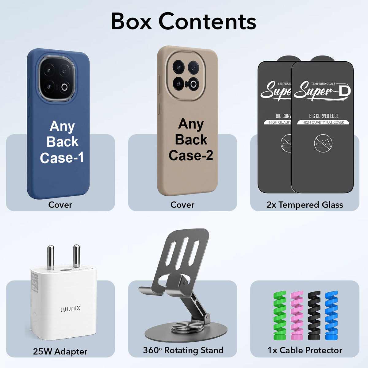 Complete Mobile Care Kit (Get Any 2 Cases+2 Tempered Glass+25W Charger Adapter+Metallic Mobile Stand+Cable Protector)
