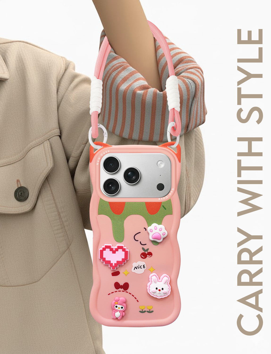 For Apple iPhone 18 Pro Back Case Cover Strap (3D Embossed Figures | Strap Holder | 360* Soft Cushion with Camera Bump)