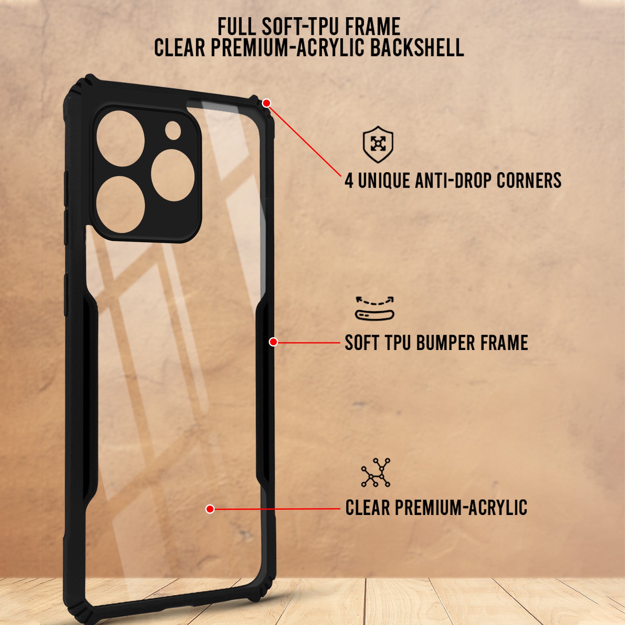 For Realme 15T | Realme Narzo 90 Back Case Cover (Shockproof with Polycarbonate Clear Panel | Professional Black)