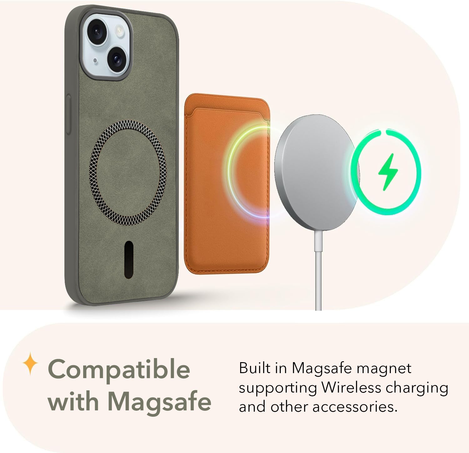 For Apple iPhone 15 Back Cover Case Leather Finish (MagSafe Compatible Wireless Charging | Soft Touch | Camera Bump Protection)