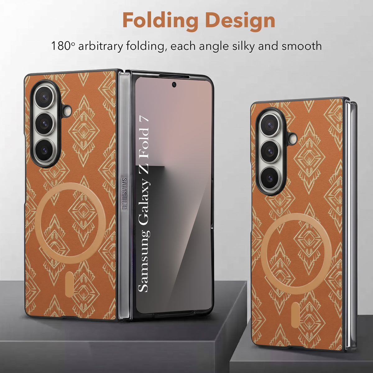 For Samsung Galaxy Z Fold 7 Back Cover Case Premium Magnetic (MagSafe Compatible | 180° Folding Design | Geometric Gold Pattern | Soft Microfiber Inner Lining)