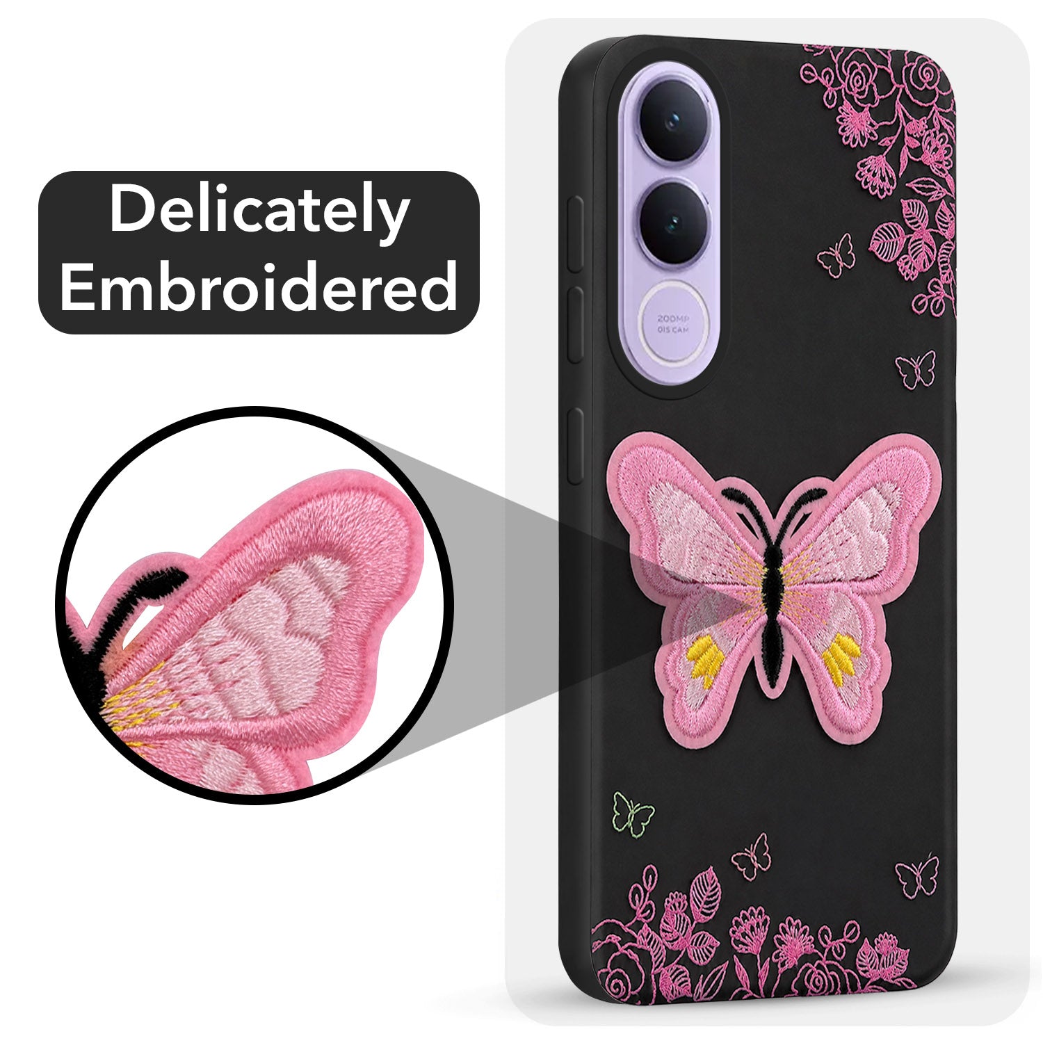 For Vivo V70 FE 5G Back Cover Case (Soft Butterfly Embroidery | Women Teen Girls | Camera Protection| Matte Silicone)