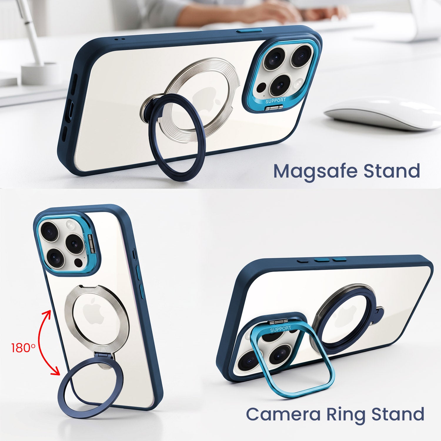 For Apple iPhone 15 Pro Back Cover Case Crystal (Lifetime Anti Yellow | Magnetic Ring Stand | Camera Lens Protection | MagSafe Compatible)