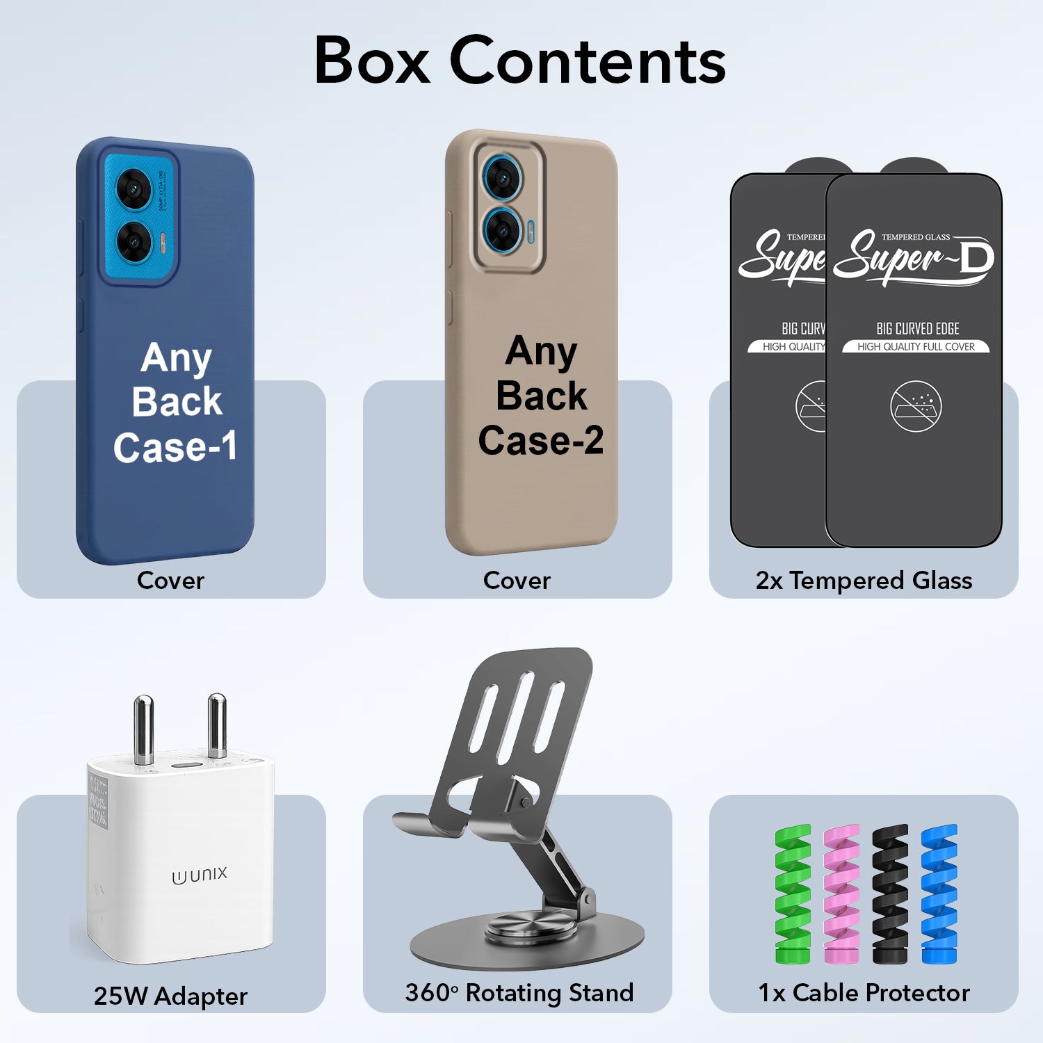 Complete Mobile Care Kit (Get Any 2 Cases+2 Tempered Glass+25W Charger Adapter+Metallic Mobile Stand+Cable Protector)