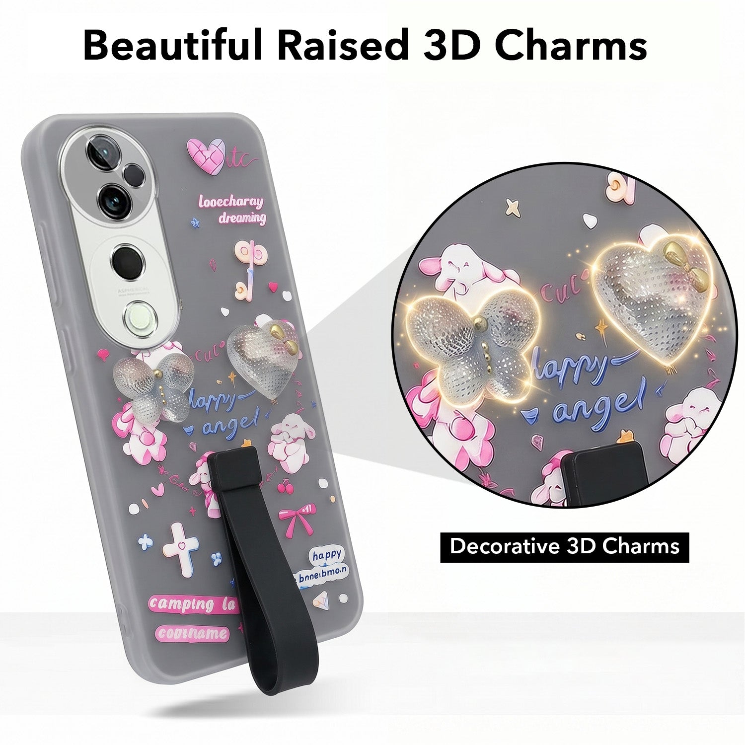For Vivo T3 Ultra Back Cover Case (3D Cute Heart Strap Holder | Camera Protection | Designer Girls Print)