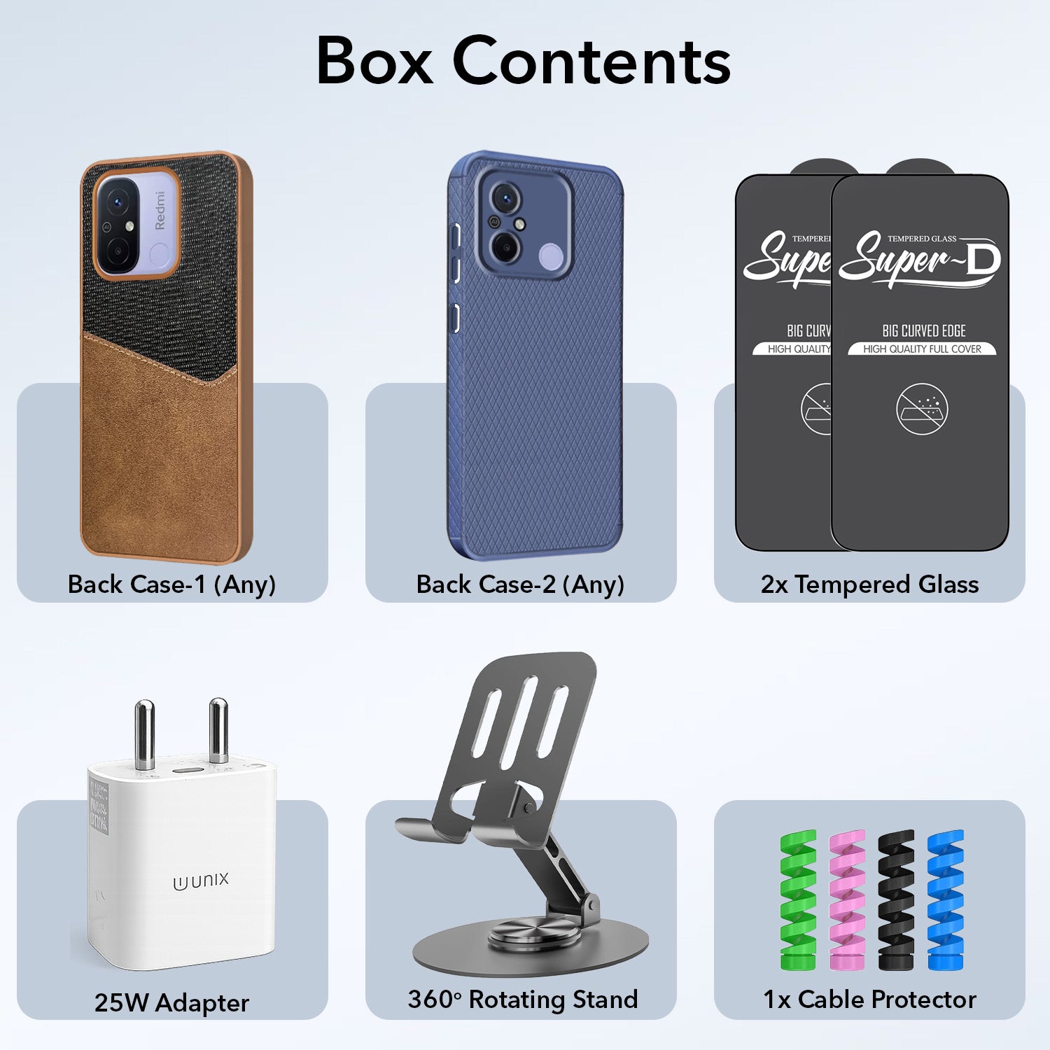 Complete Mobile Care Kit (Get Any 2 Cases+2 Tempered Glass+25W Charger Adapter+Metallic Mobile Stand+Cable Protector)