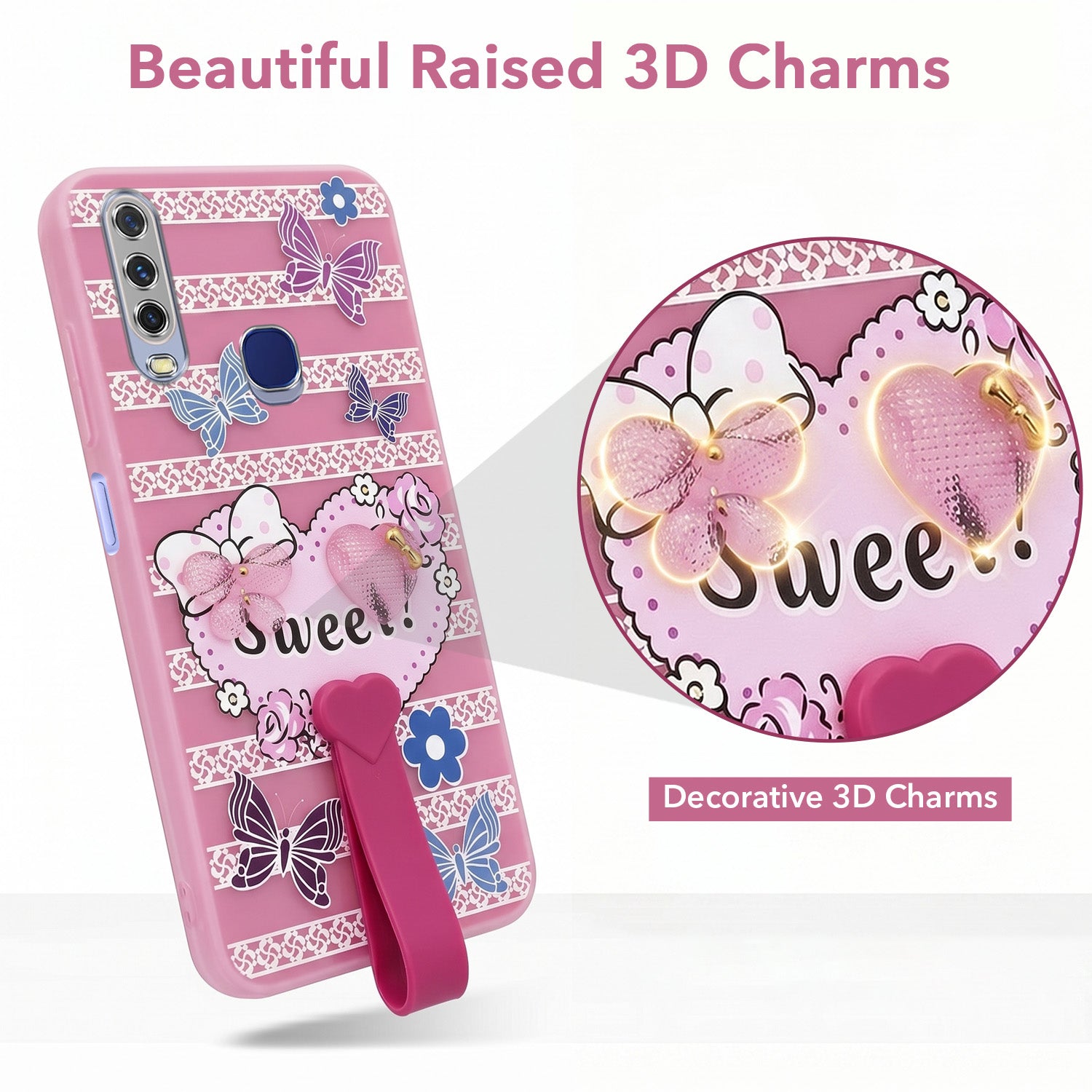 For Vivo Y12 | Y15 | Y17 Back Cover Case (3D Cute Heart Strap Holder | Camera Protection | Designer Girls Print)