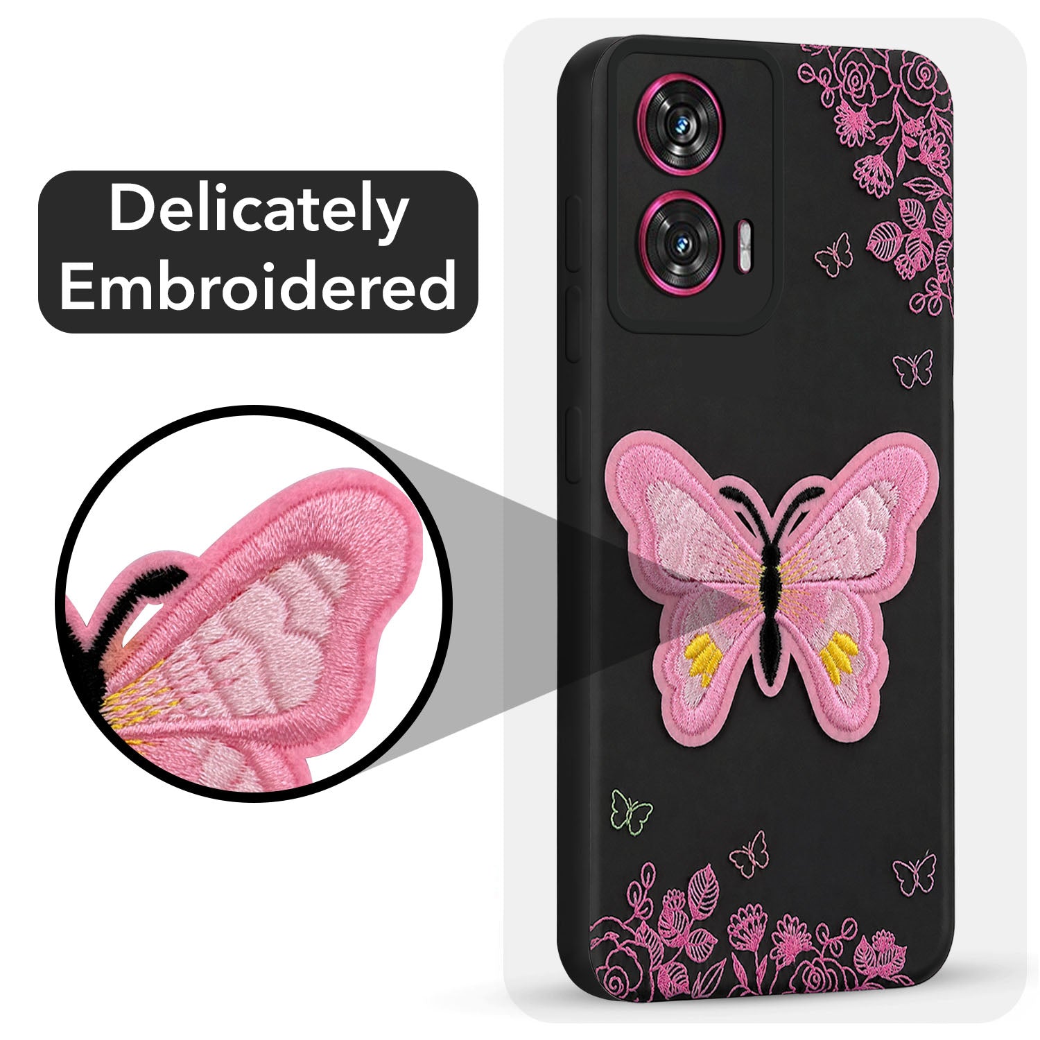 For Motorola Moto Edge 50 Fusion Back Cover Case (Soft Butterfly Embroidery | Women Teen Girls | Camera Protection| Matte Silicone)