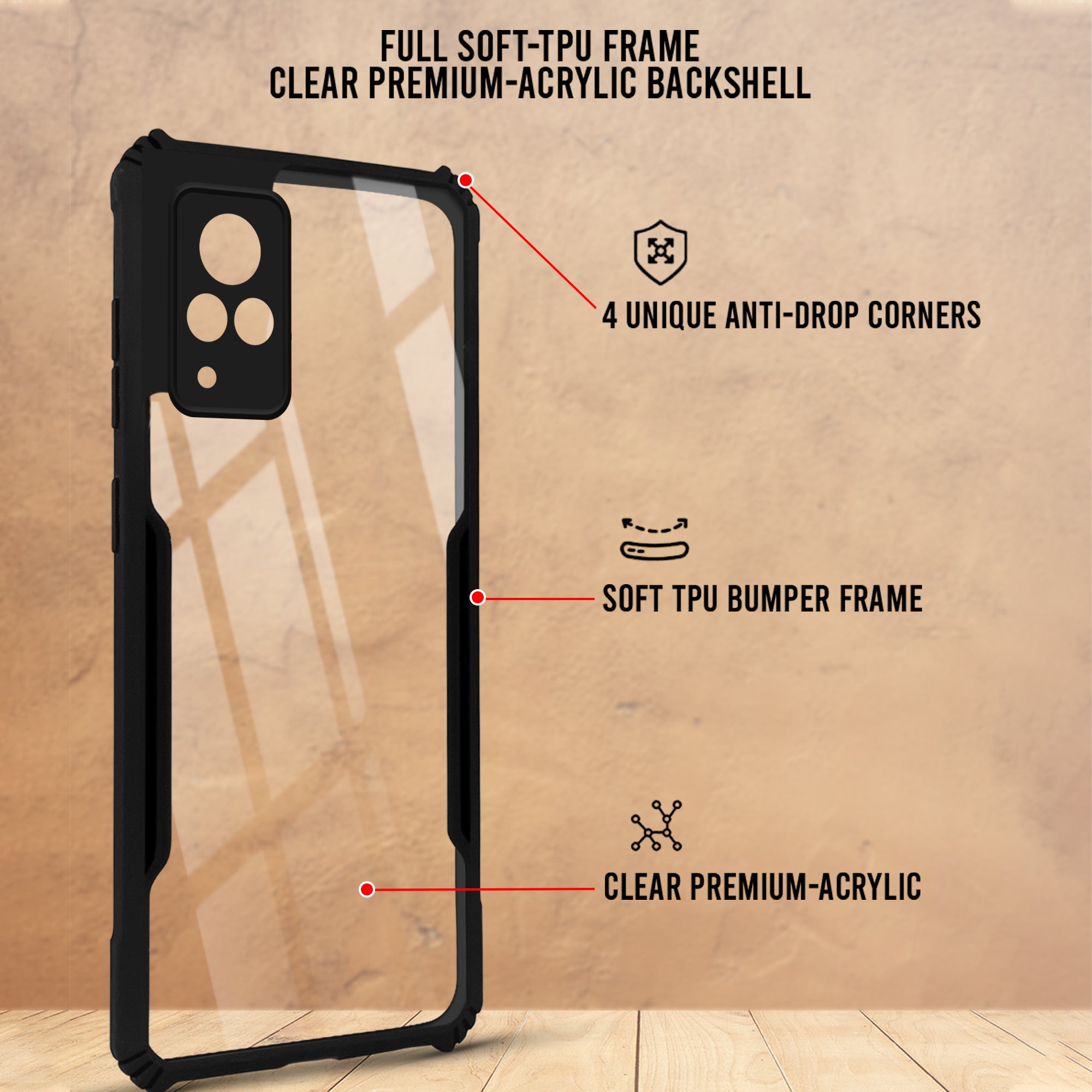 For Vivo V21 | Vivo V21 5G Hybrid Back Cover Case (Shockproof with Polycarbonate Clear Panel | Professional Black)
