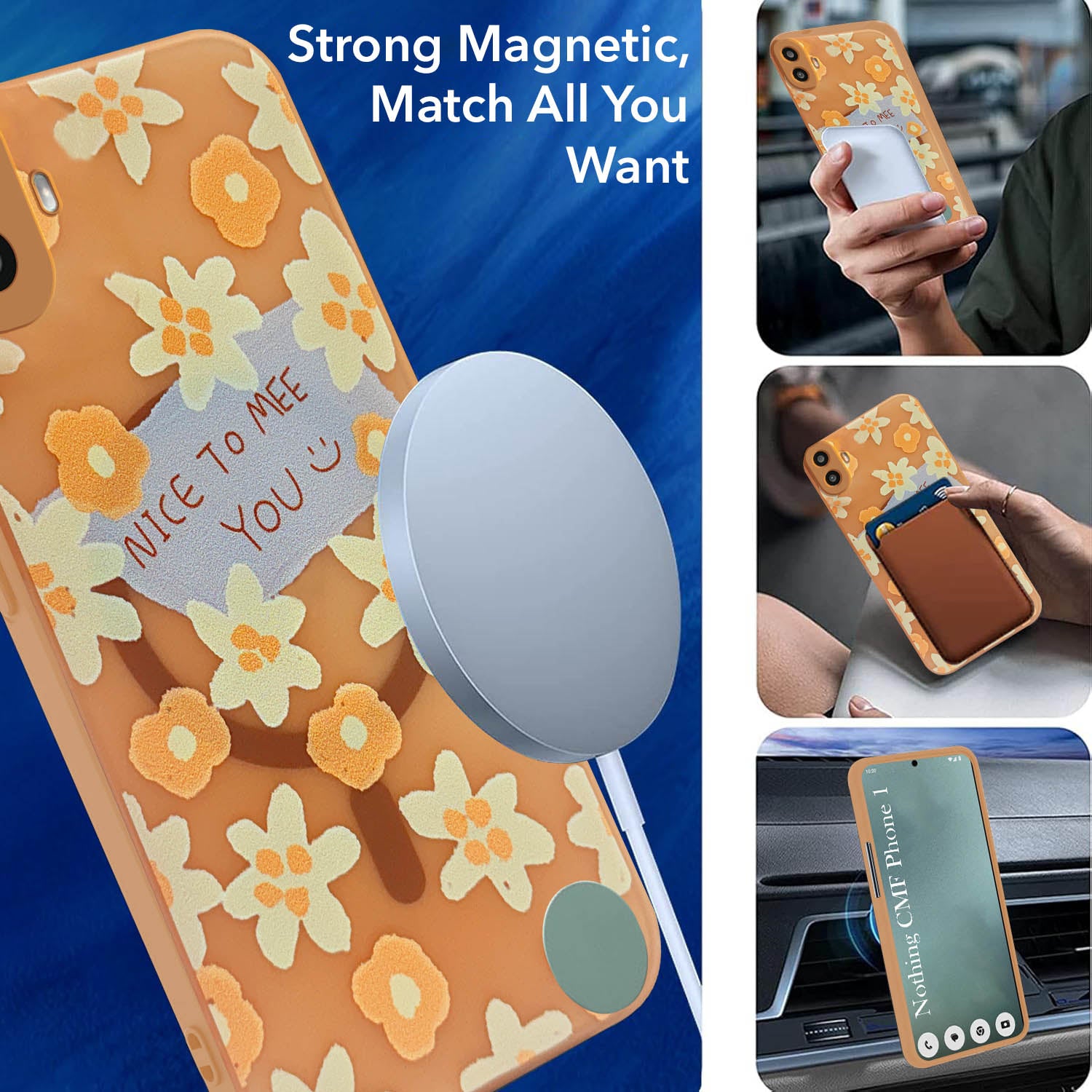 For Nothing CMF Phone Back Cover Case (Cute Floral Design Flower Print  for Girls MagSafe Compatible Wireless Charging) Sky Blue