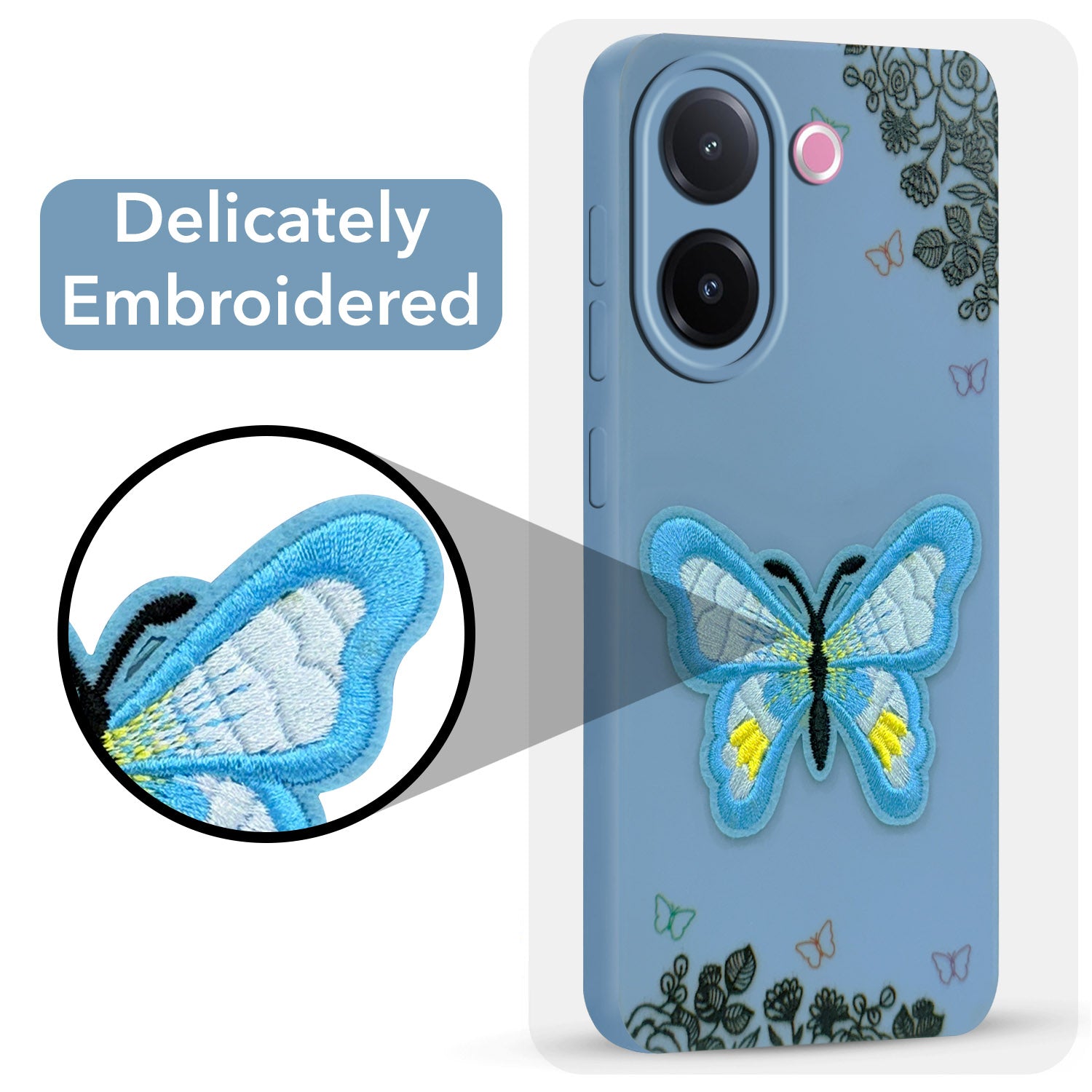 For Vivo V60e Back Cover Case (SoFt Butter Fly Embroidery | Women Teen Girls | Camera Protection| Matte Silicone)