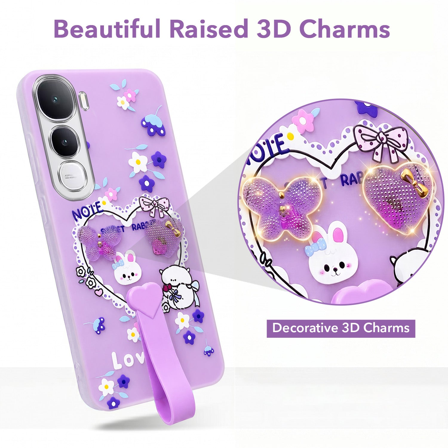 For Vivo Y400 Back Cover Case (3D Cute Heart Strap Holder | Camera Protection | Designer Girls Print)