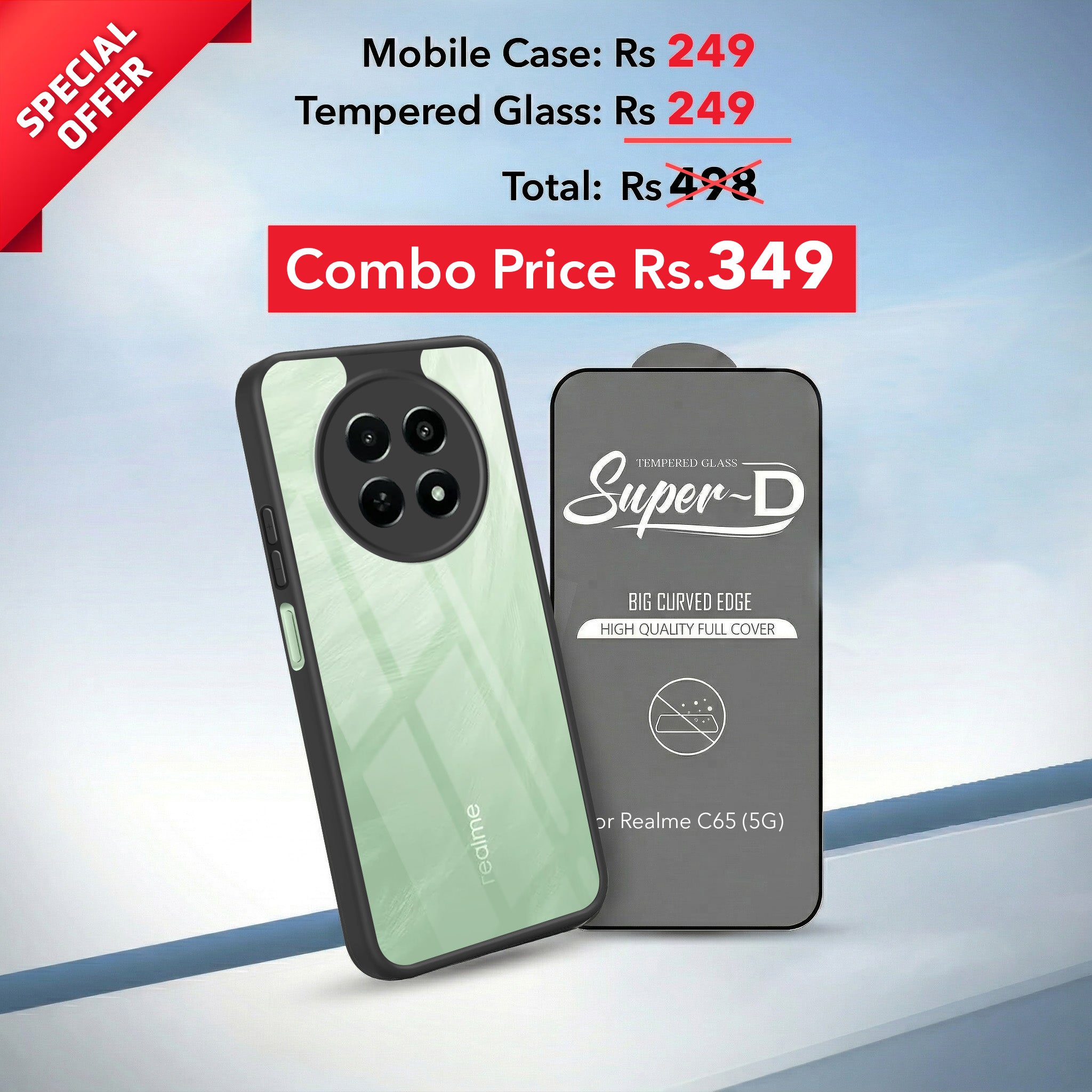 For Realme C65 5G Combo with Back Cover and 9H Tempered Glass (Lifetime Anti-Yellow | Crystal Clear Shockproof | Oleophobic Coating Screen Glass)