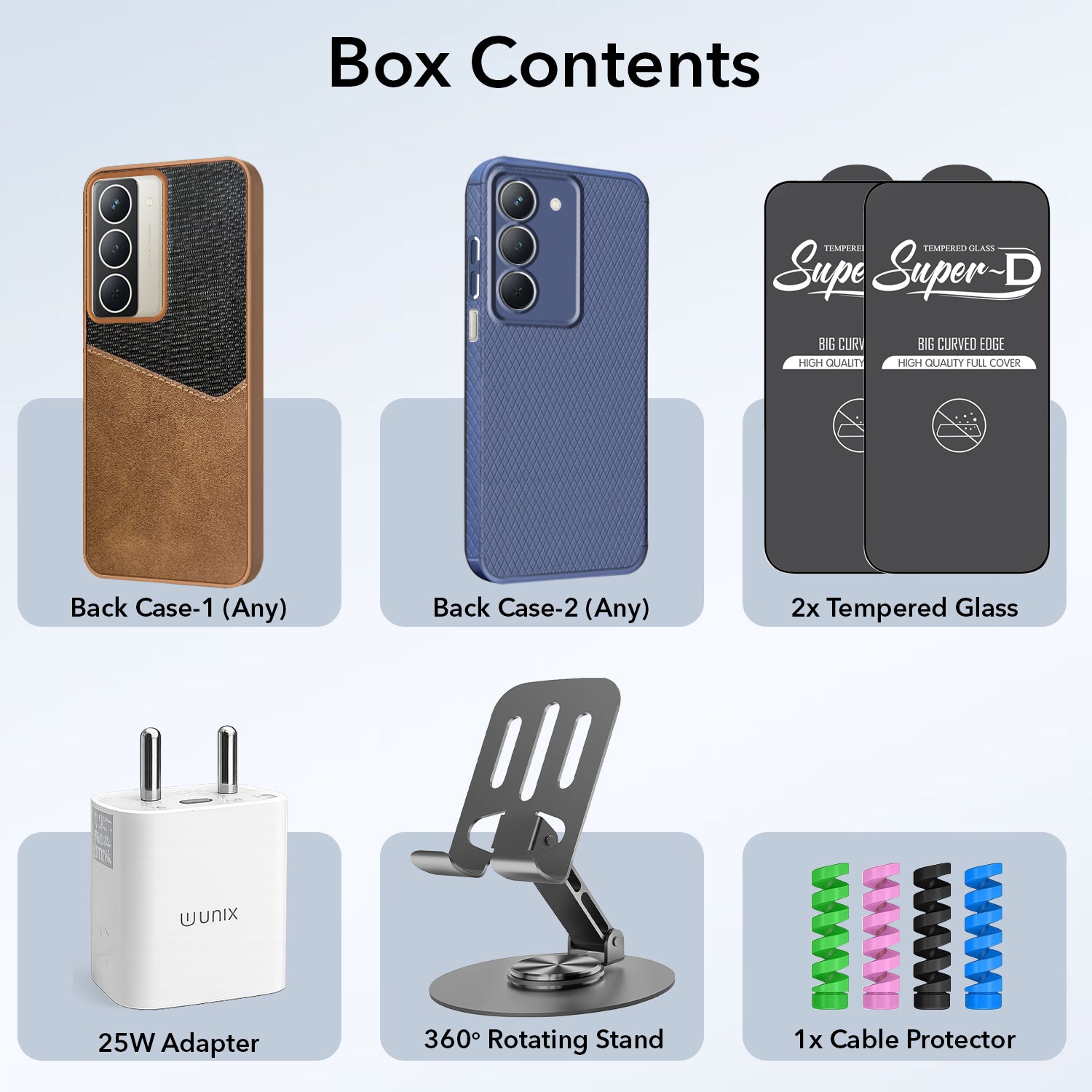 Complete Mobile Care Kit (Get Any 2 Cases+2 Tempered Glass+25W Charger Adapter+Metallic Mobile Stand+Cable Protector)