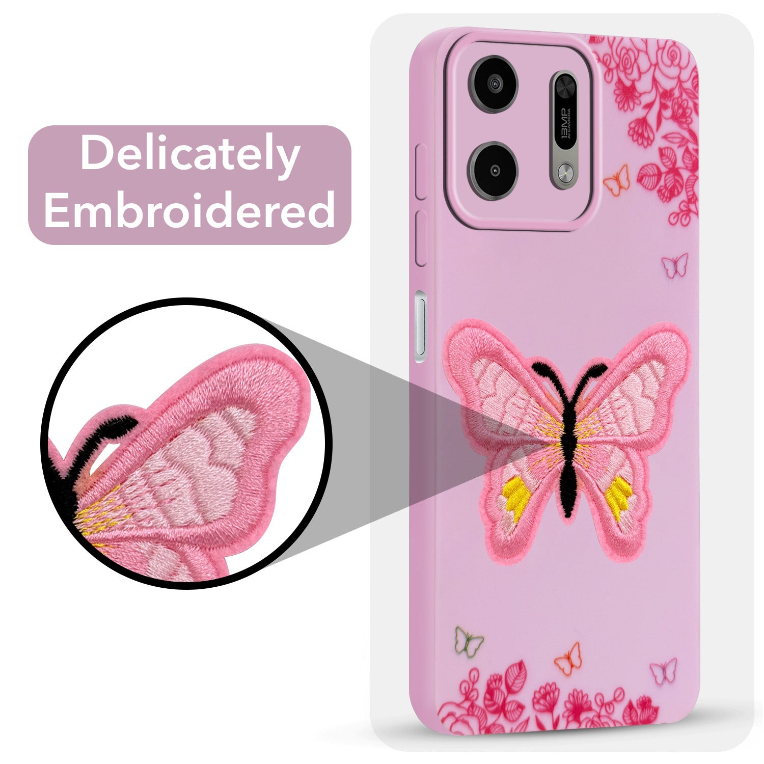 For Lava Virat V1 5G Back Cover Case (Soft Butterfly Embroidery | Women Teen Girls | Camera Protection| Matte Silicone)