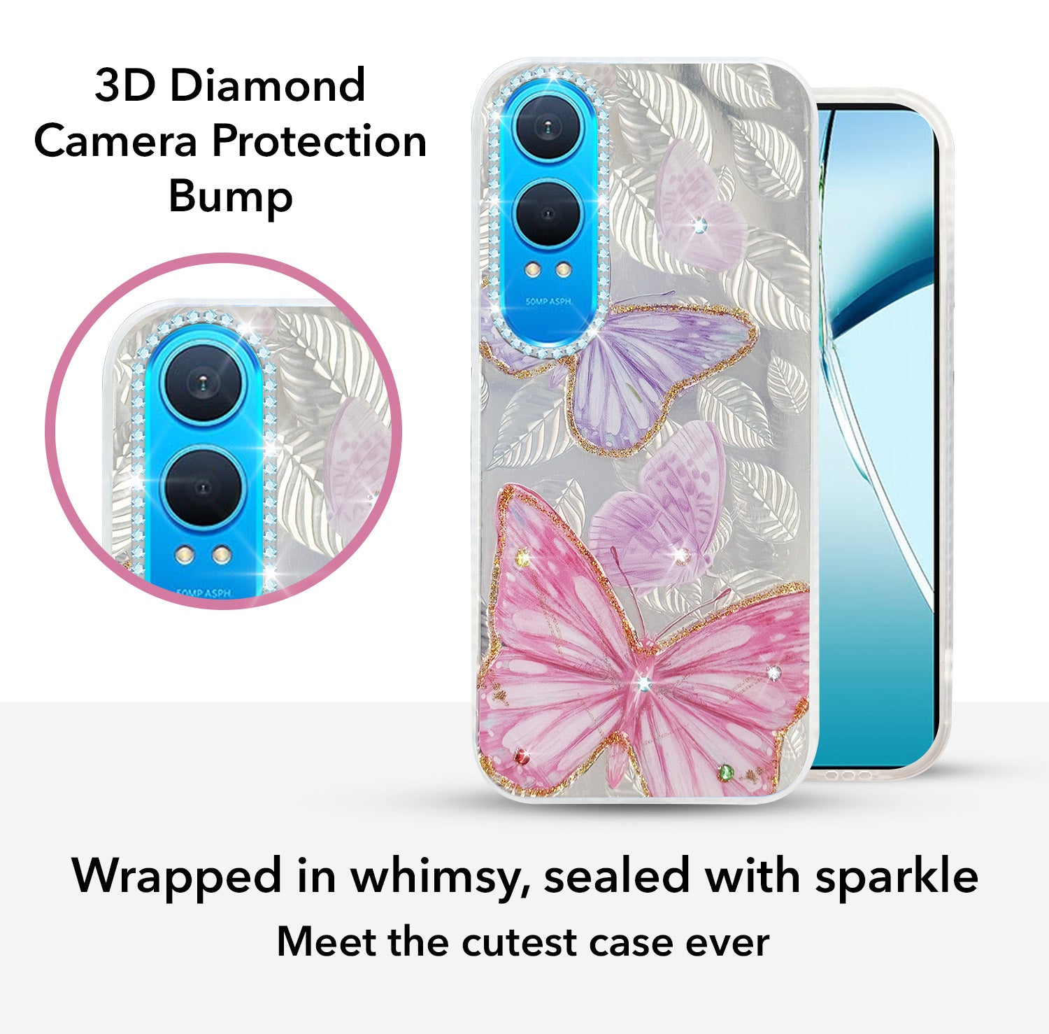 For OnePlus Nord CE 4 Lite Back Cover Case (Luxury Floral Glitter Cute Butterfly | Diamond Studded Camera Bump | Girls & Women Design)