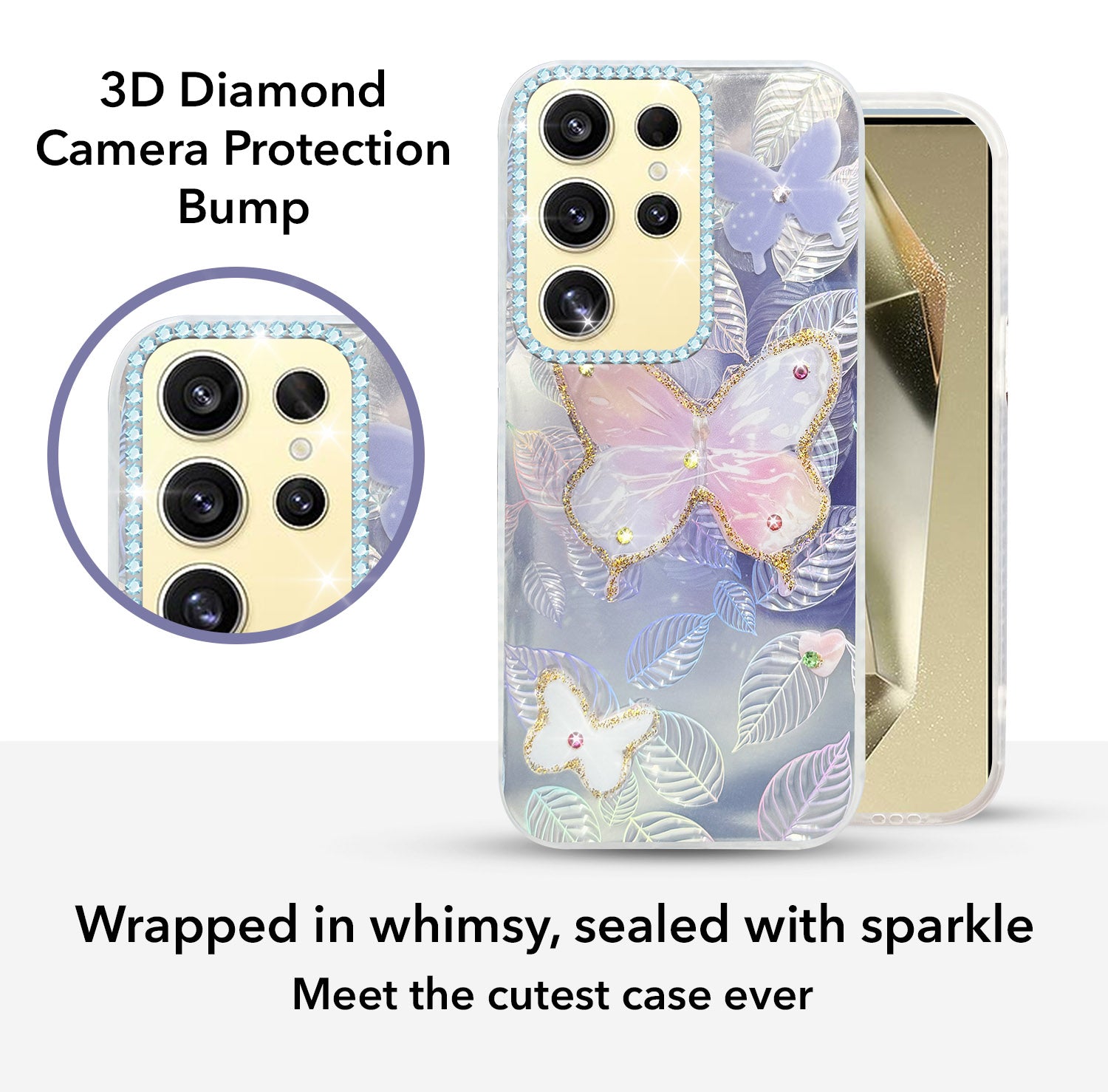 For Samsung Galaxy S24 Ultra Back Cover Case (Luxury Floral Glitter Cute Butterfly | Diamond Studded Camera Bump | Girls & Women Design)
