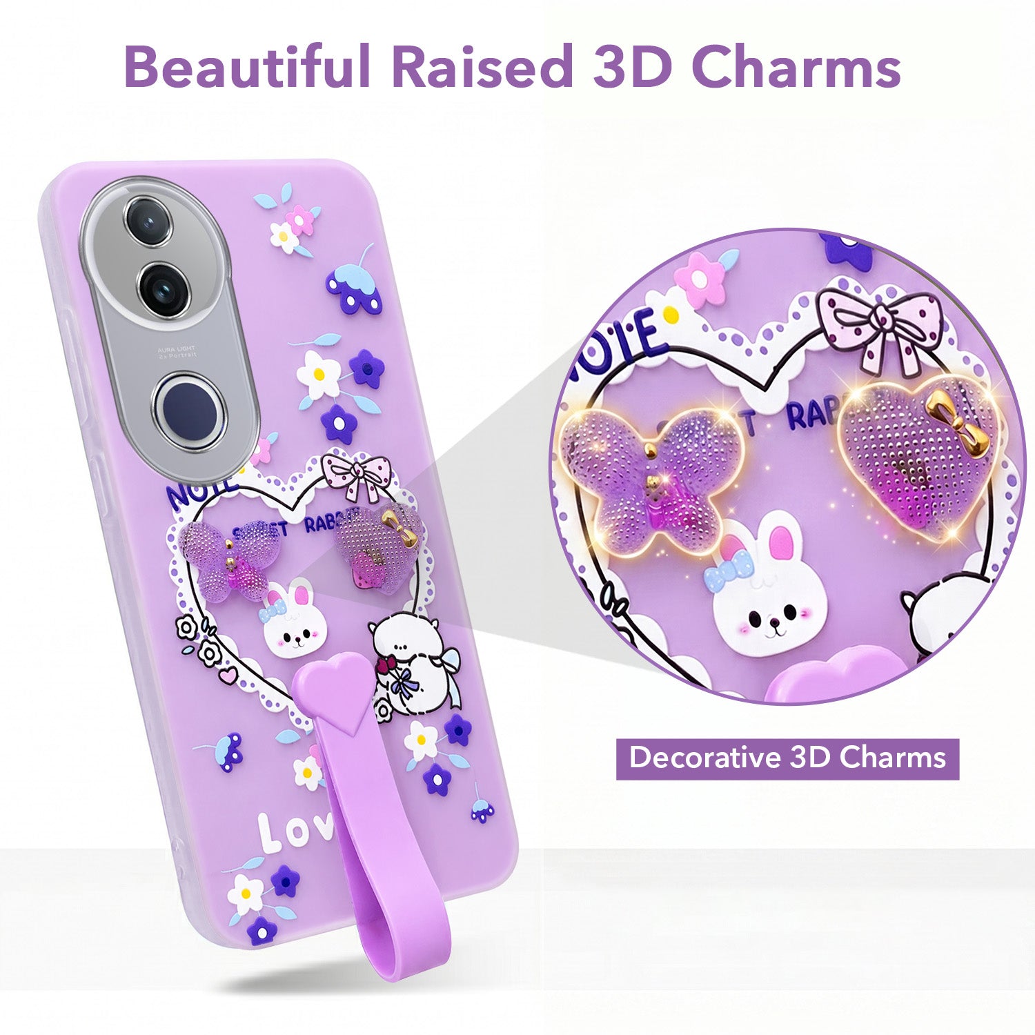 For Vivo T4R  Back Cover Case (3D Cute Heart Strap Holder | Camera Protection | Designer Girls Print)