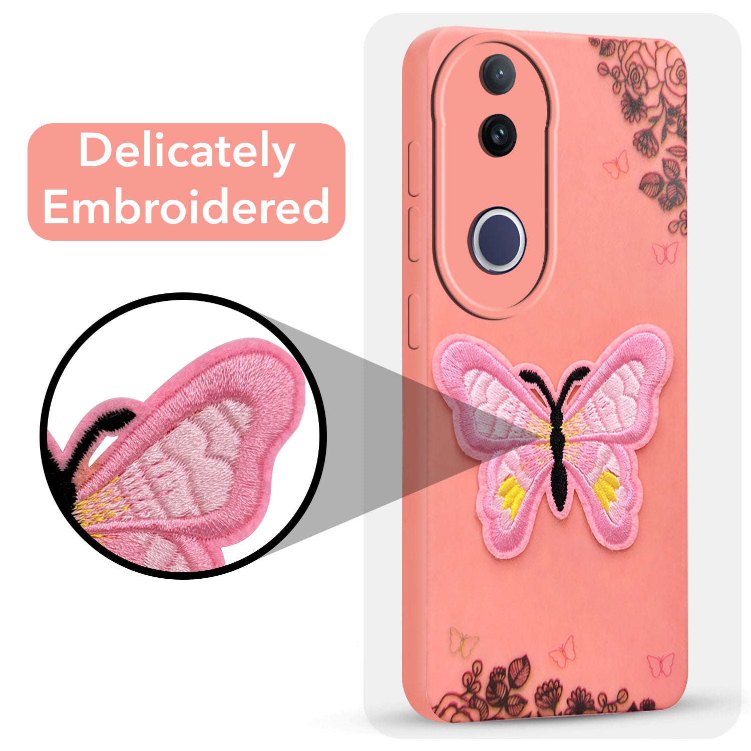For Vivo T4R Back Cover Case (Soft Butterfly Embroidery | Women Teen Girls | Camera Protection| Matte Silicone)