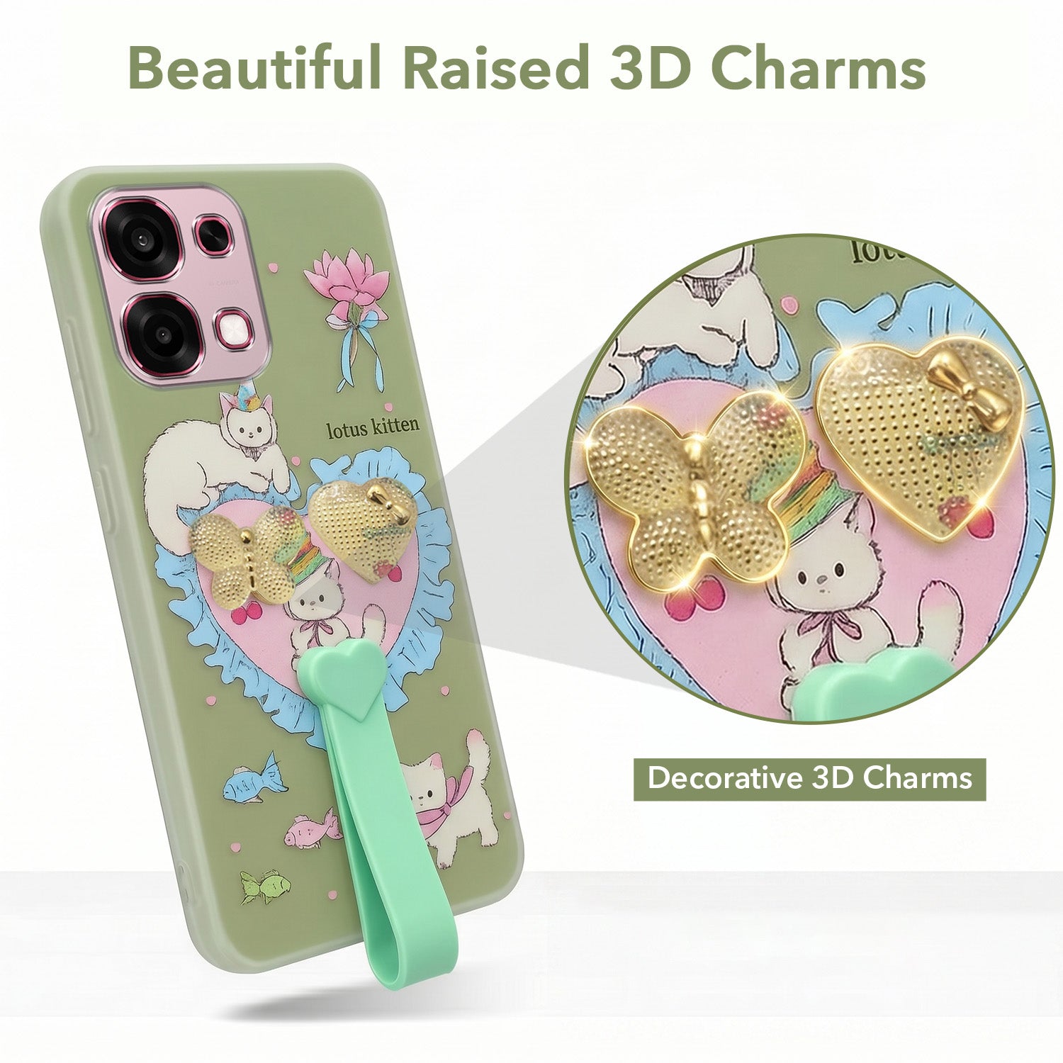 For Oppo F31 5G | Oppo F33 5G Back Cover Case (3D Cute Heart Strap Holder | Camera Protection | Designer Girls Print)